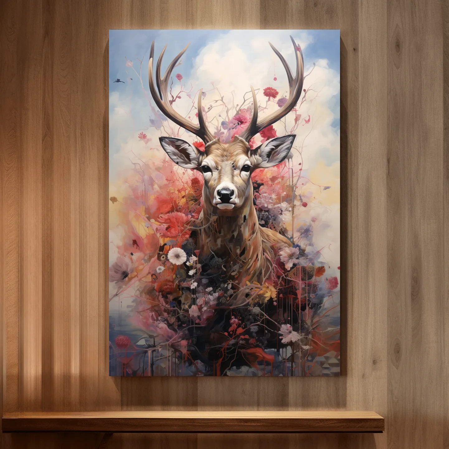 Painting of a deer head wrapped in flowers