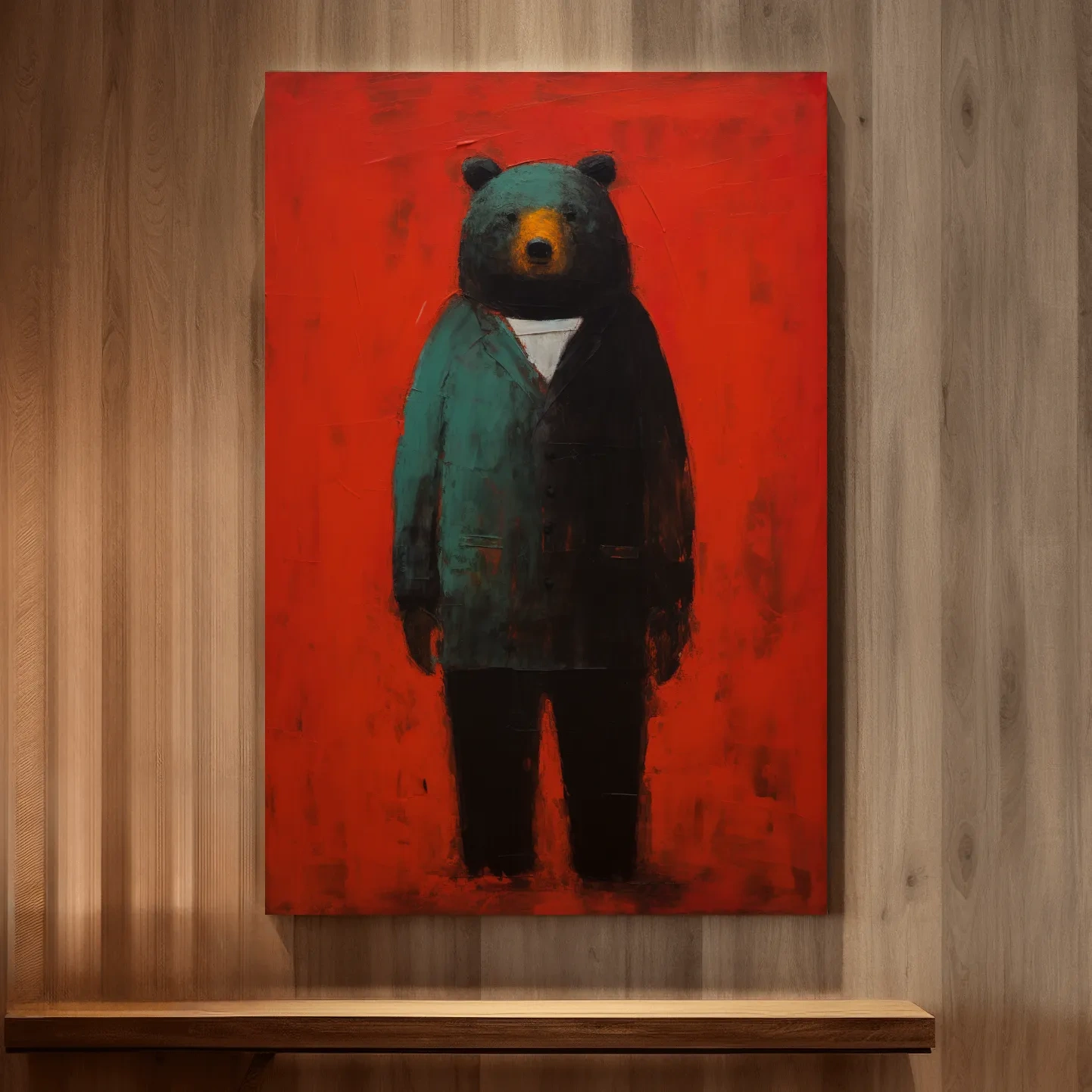 Bear wearing a suit, expressive textured painting