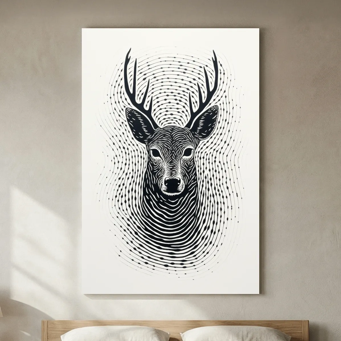 Psychedelic Deer Head Fingerprint Line Art - Black And White Wildlife Wall Art