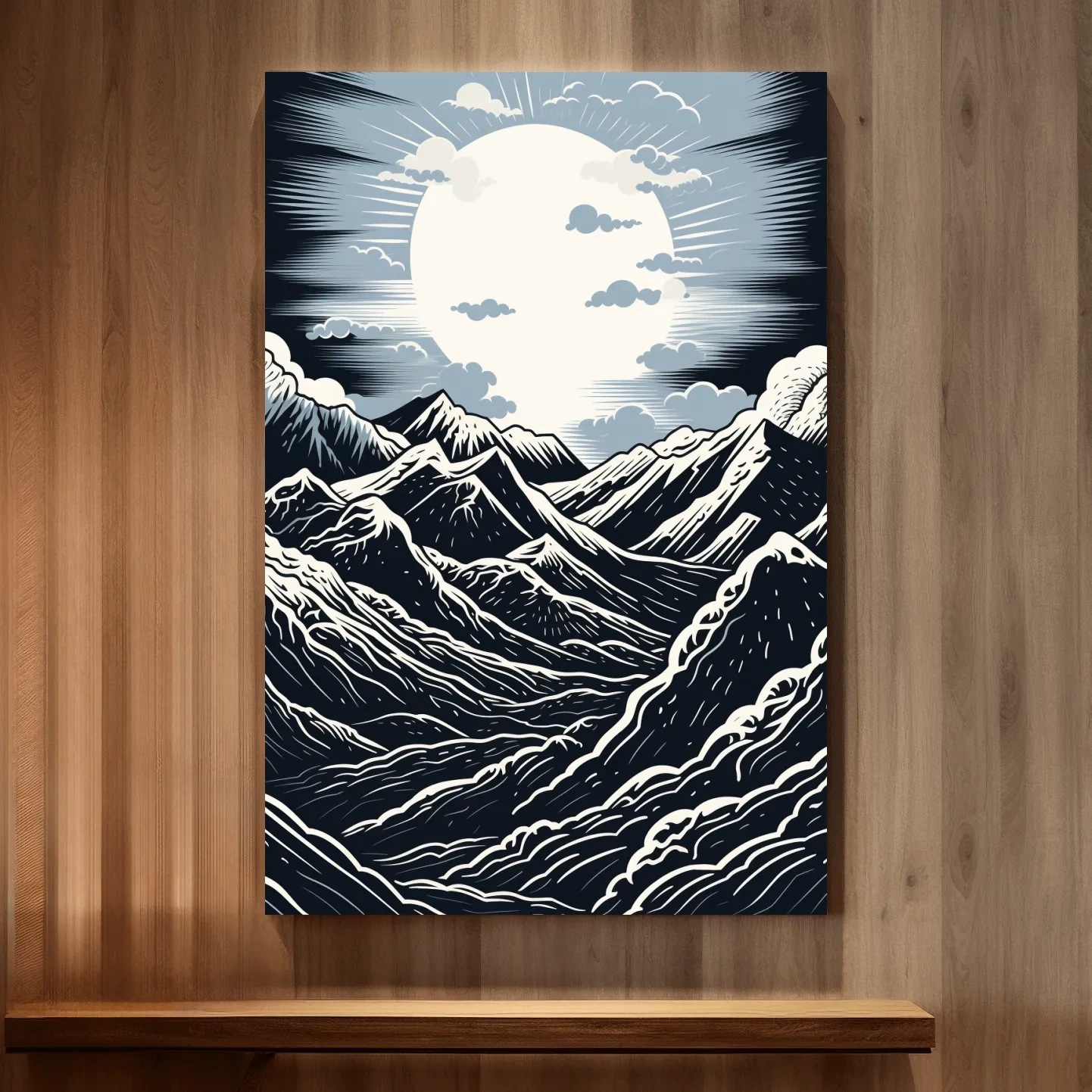 Linocut style mountain art illustration