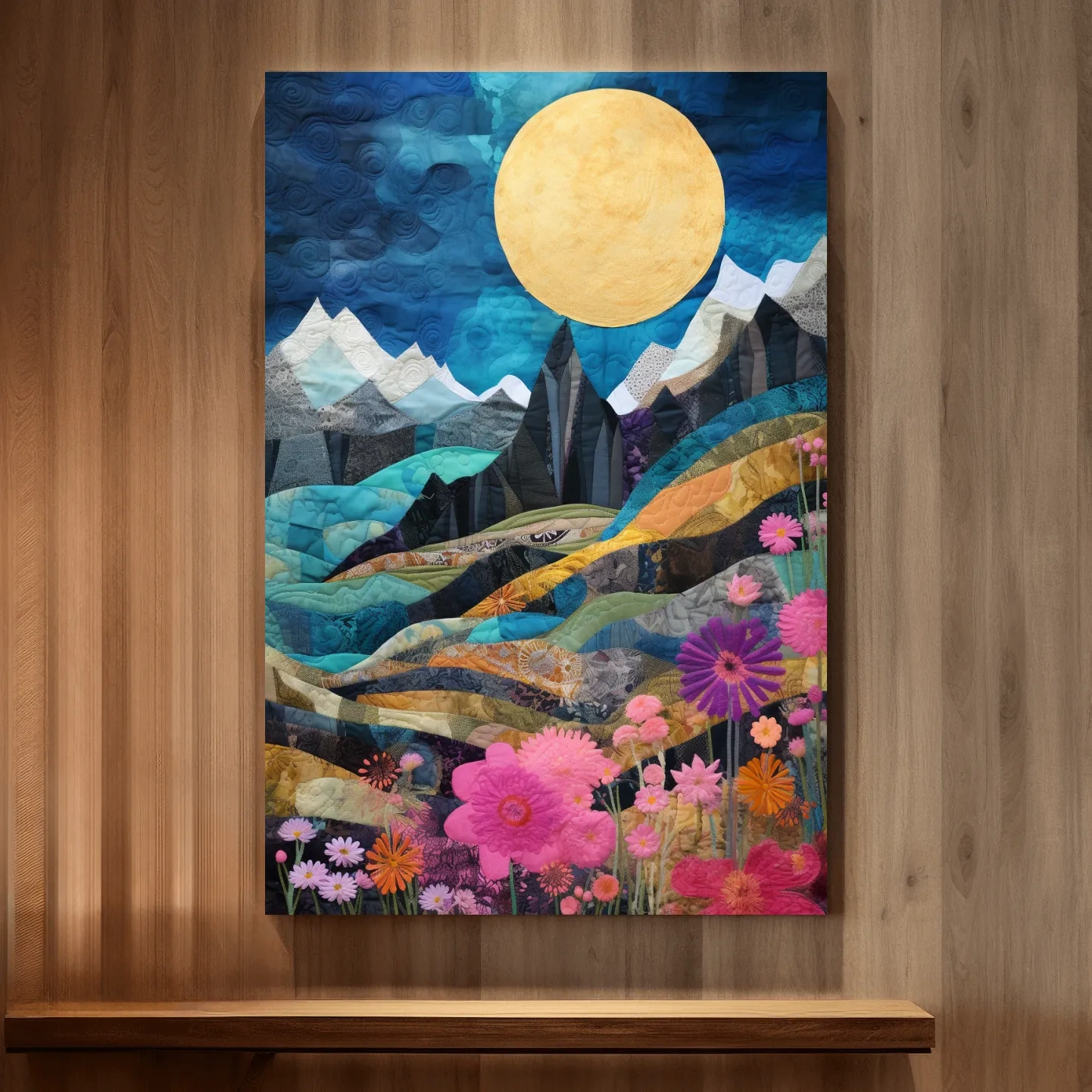 Handstitched patchwork style art, alpine flowers mountain artwork