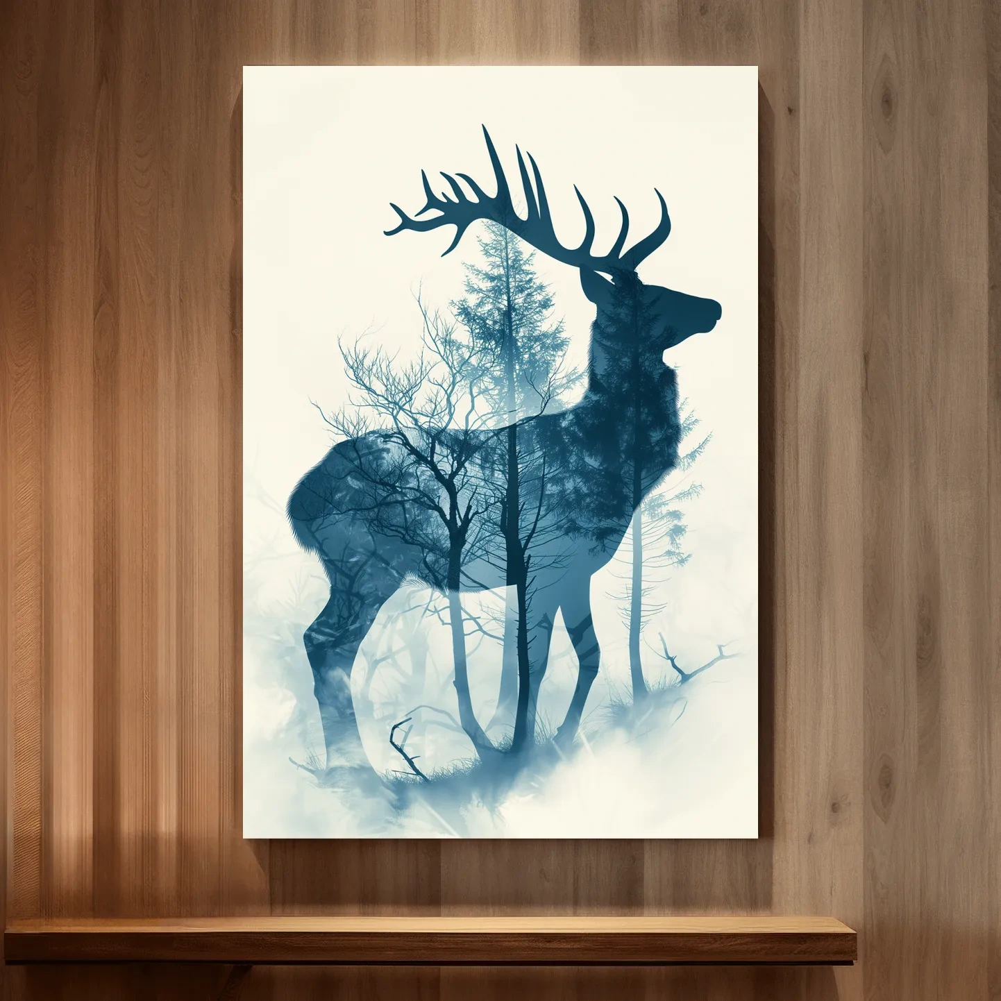 Deer and forest silhouette artwork, ethereal double exposure wall art