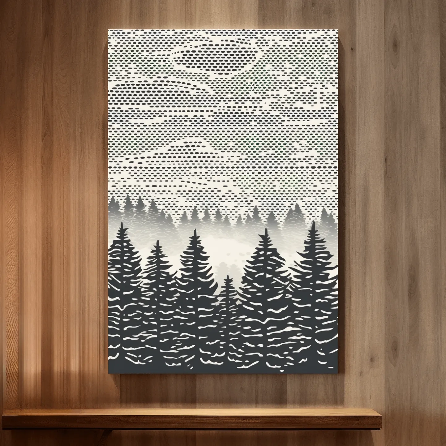 Black & white forest illustration art, dot pattern linocut style