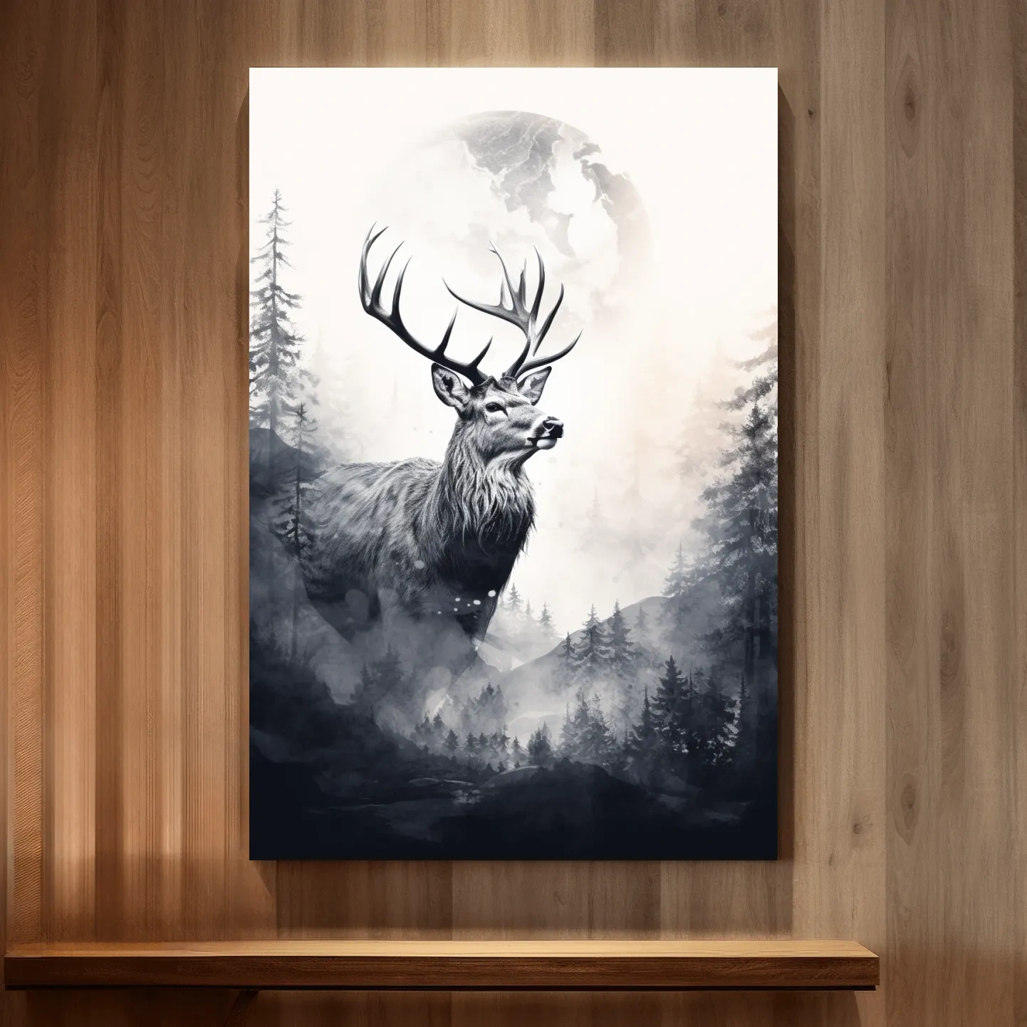Majestic Stag In Misty Moonlit Forest - Double Exposure Wildlife Wall Art