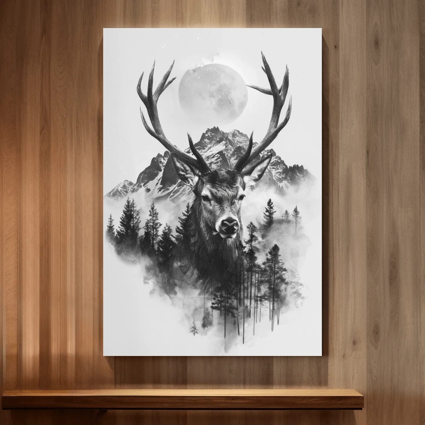 Monochrome Stag Glacier Moon Drawing - Double Exposure Wildlife Wall Art