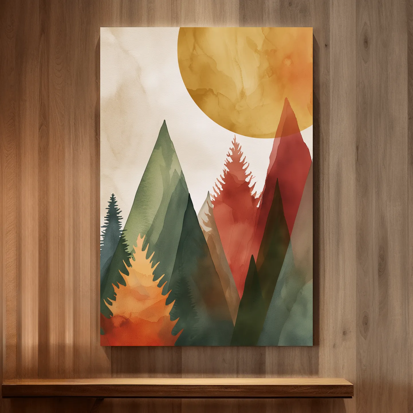 Trees and mountains under the sun, rustic boho watercolour print