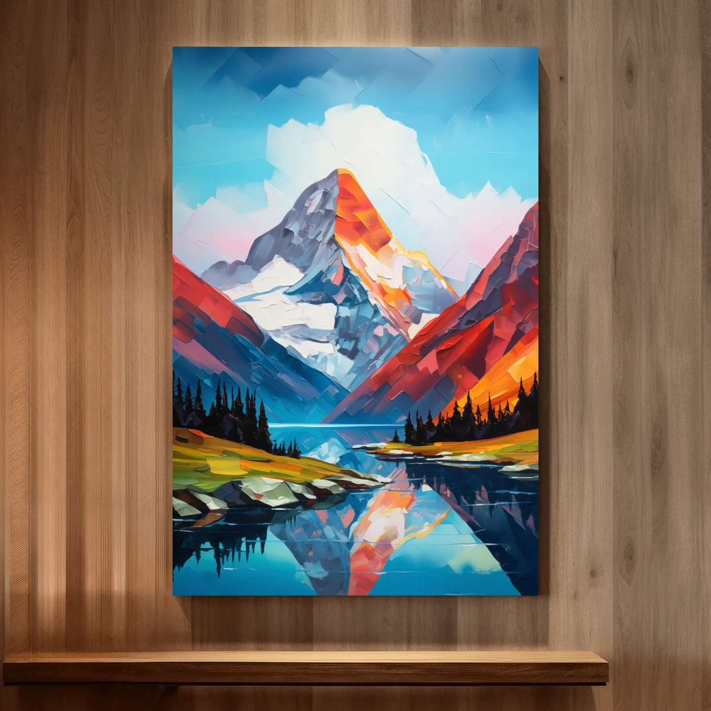 Alpine lake under a glacier, vibrant palette knife style impasto painting