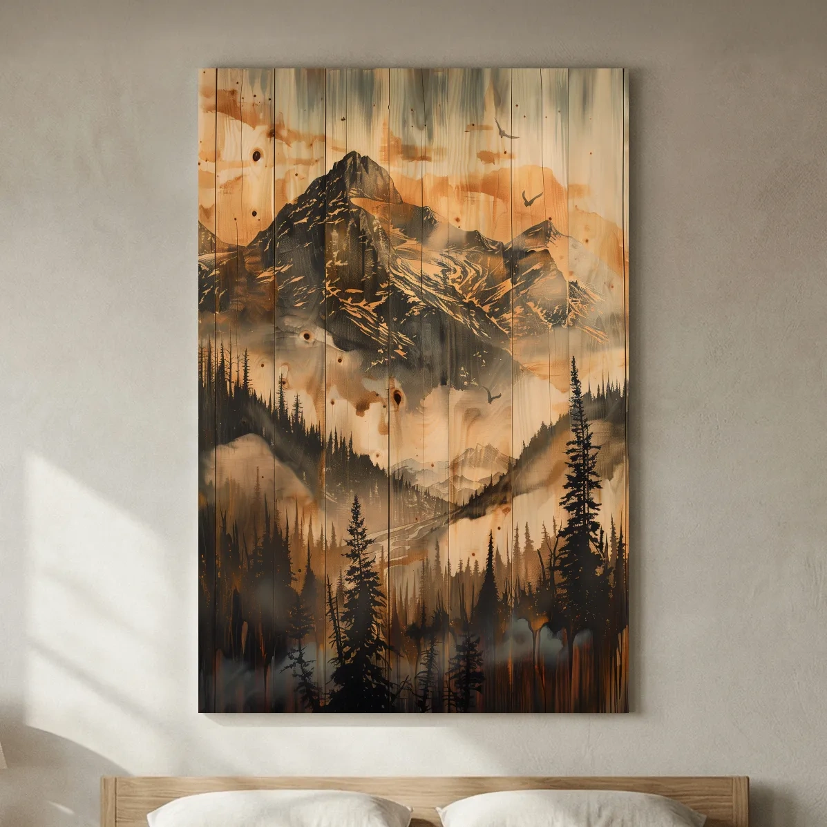 Rustic Woodgrain Mountain Landscape Painting - Sepia Misty Pine Forest Wall Art