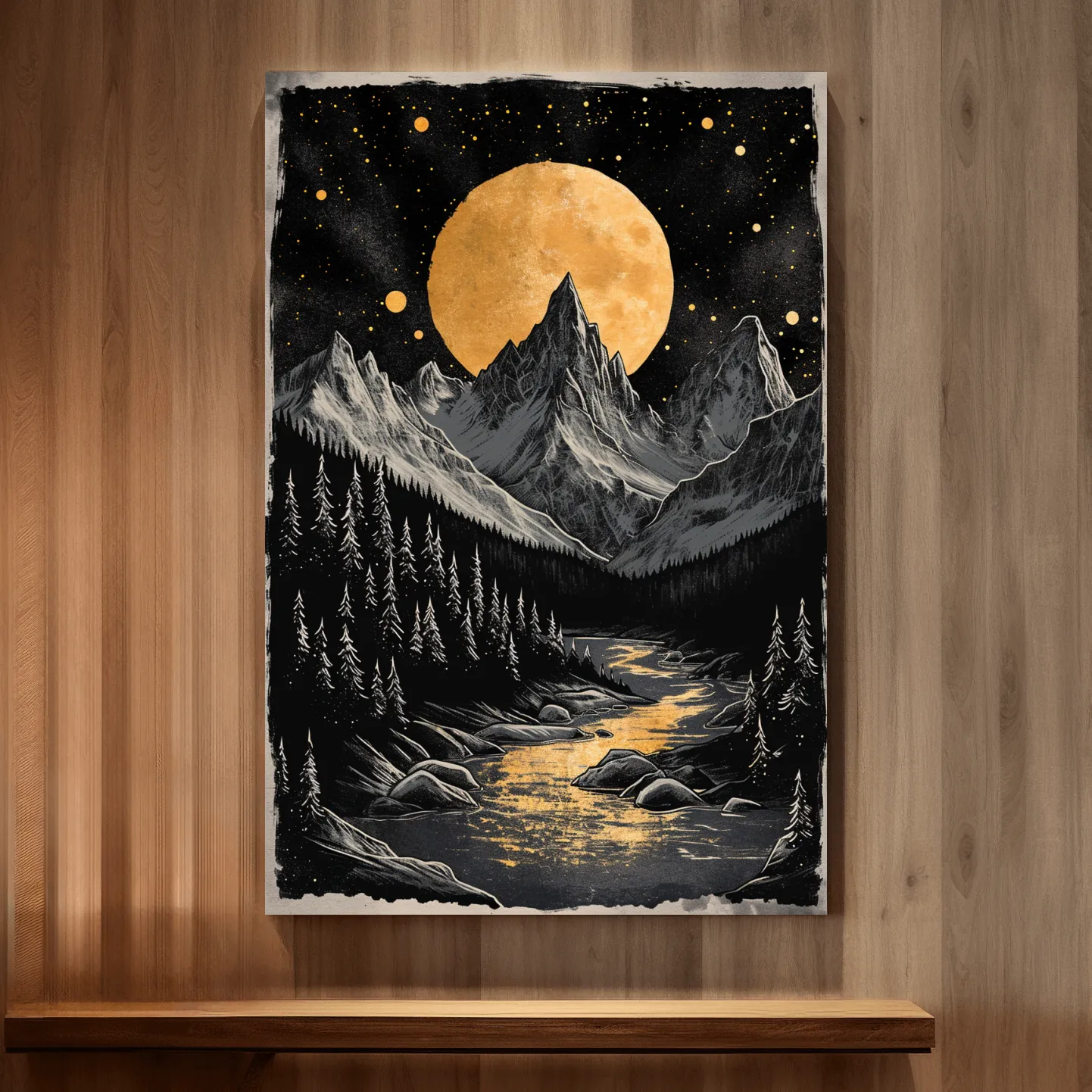 Moonlit alpine scene, dramatic glacier and moon artwork