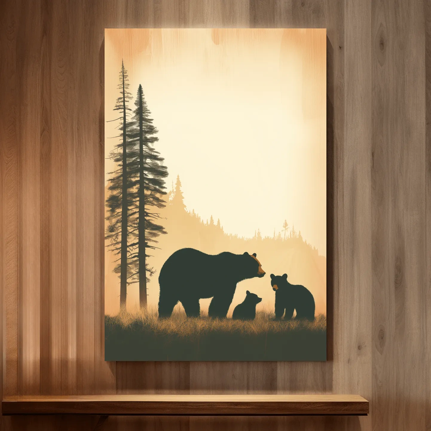 Bear Family Forest Silhouette Illustration - Minimalist Wildlife Artwork