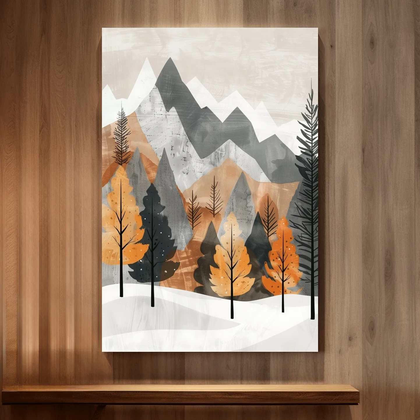 Scandinavian style forest artwork, alpine mountains in fall