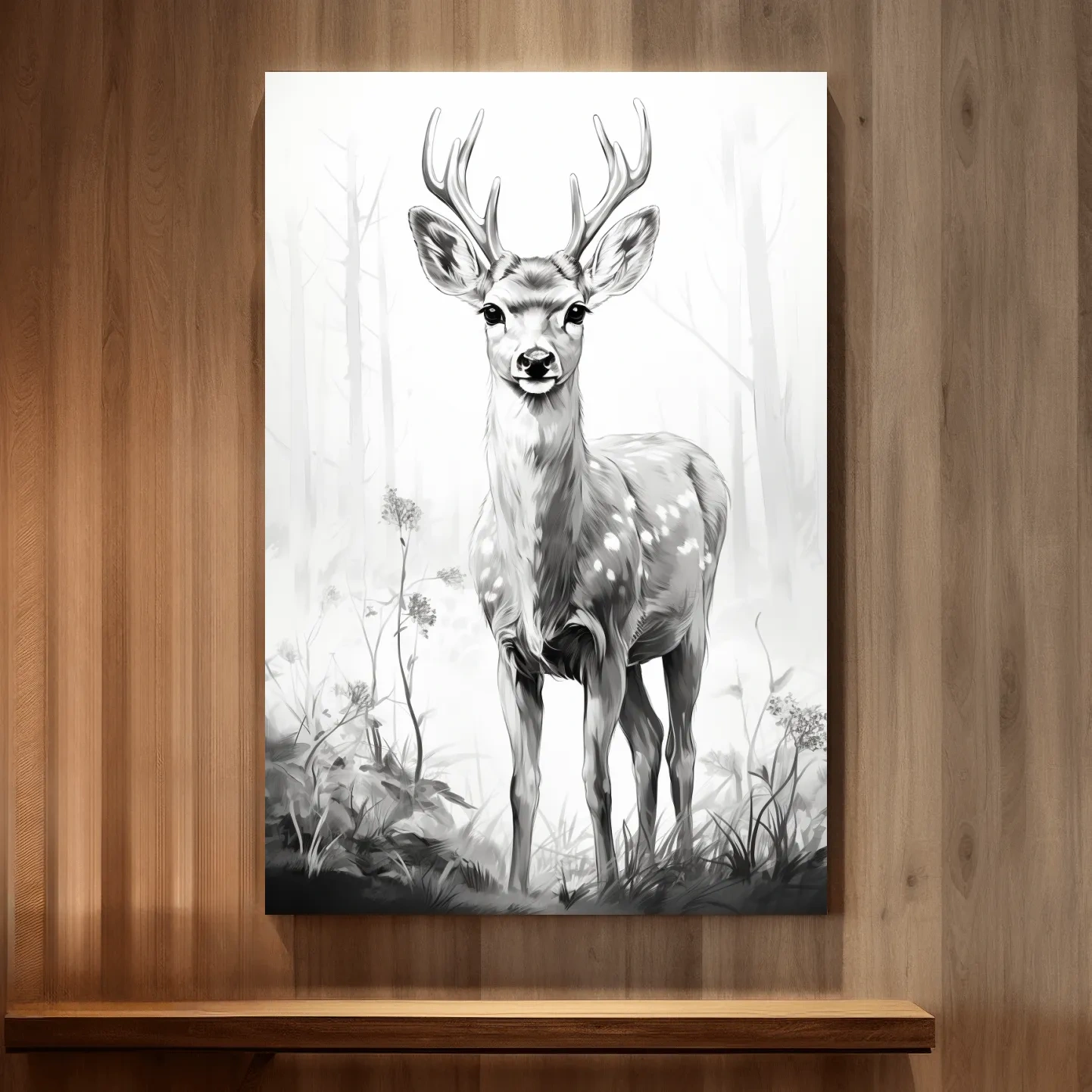 Black and white drawing artwork of a fallow deer