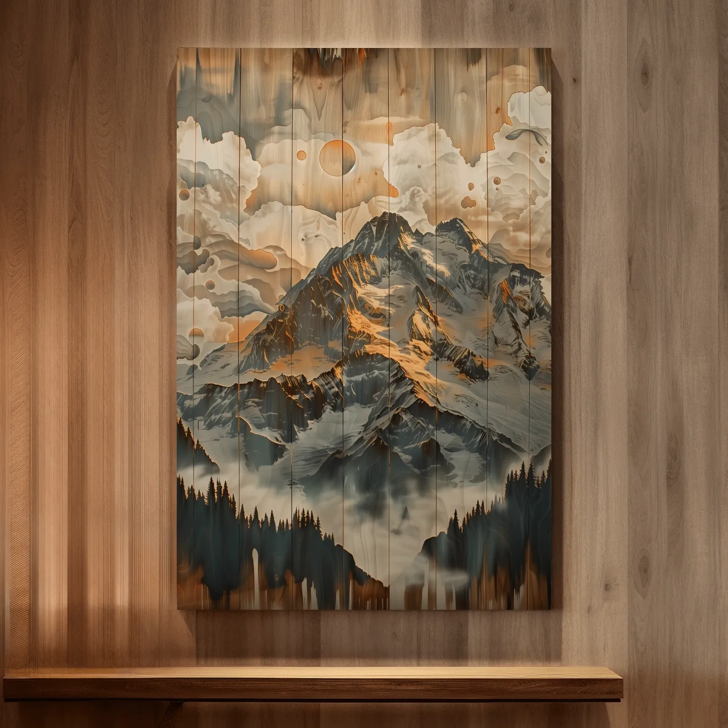 Rustic Glacier Mountain Range Artwork - Vintage Wood Grain Alpine Wall Art