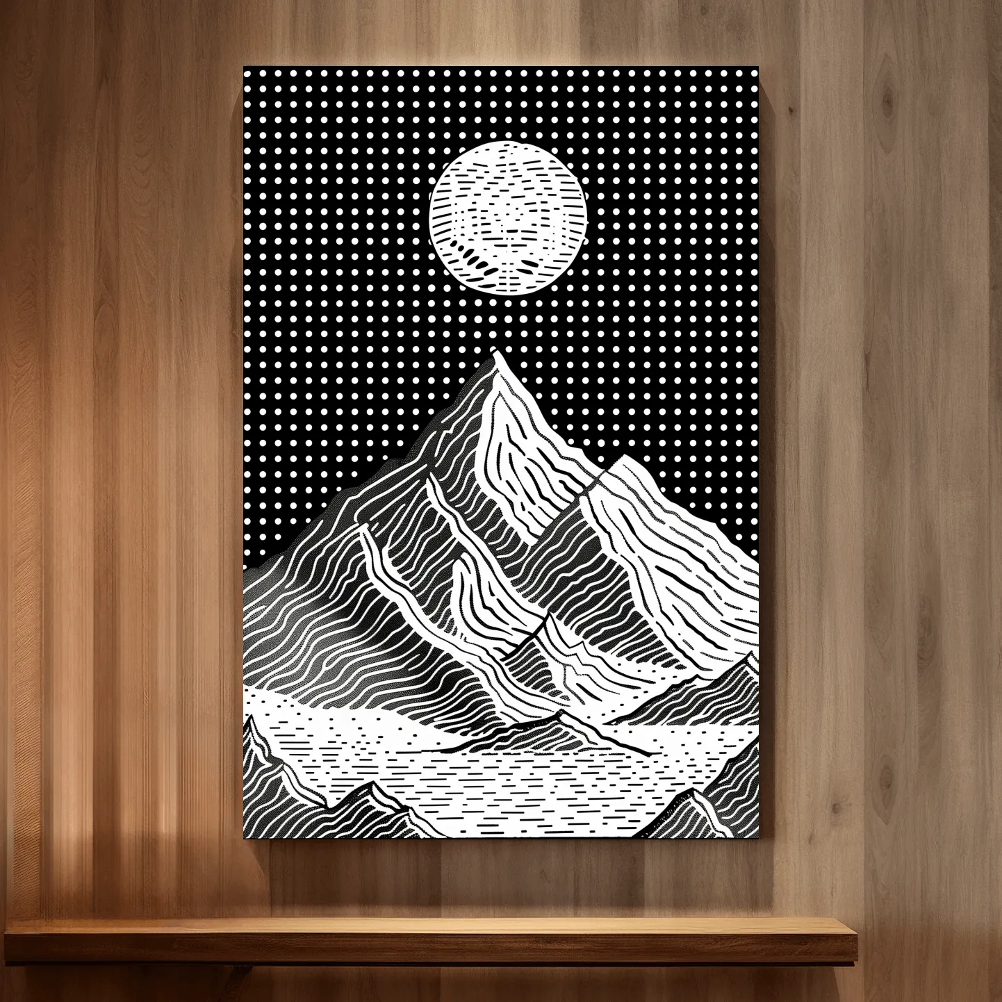 Glacier under the night sky, optical illusion linocut style mountain art