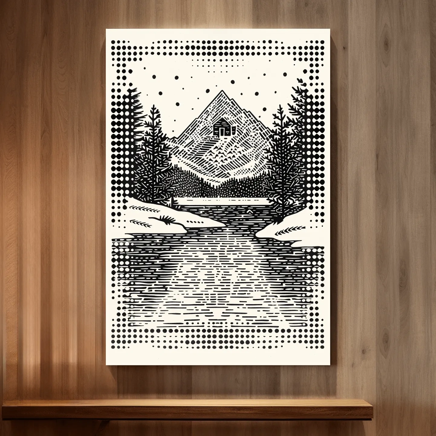 Alpine cabin artwork, linocut style optical illusion art
