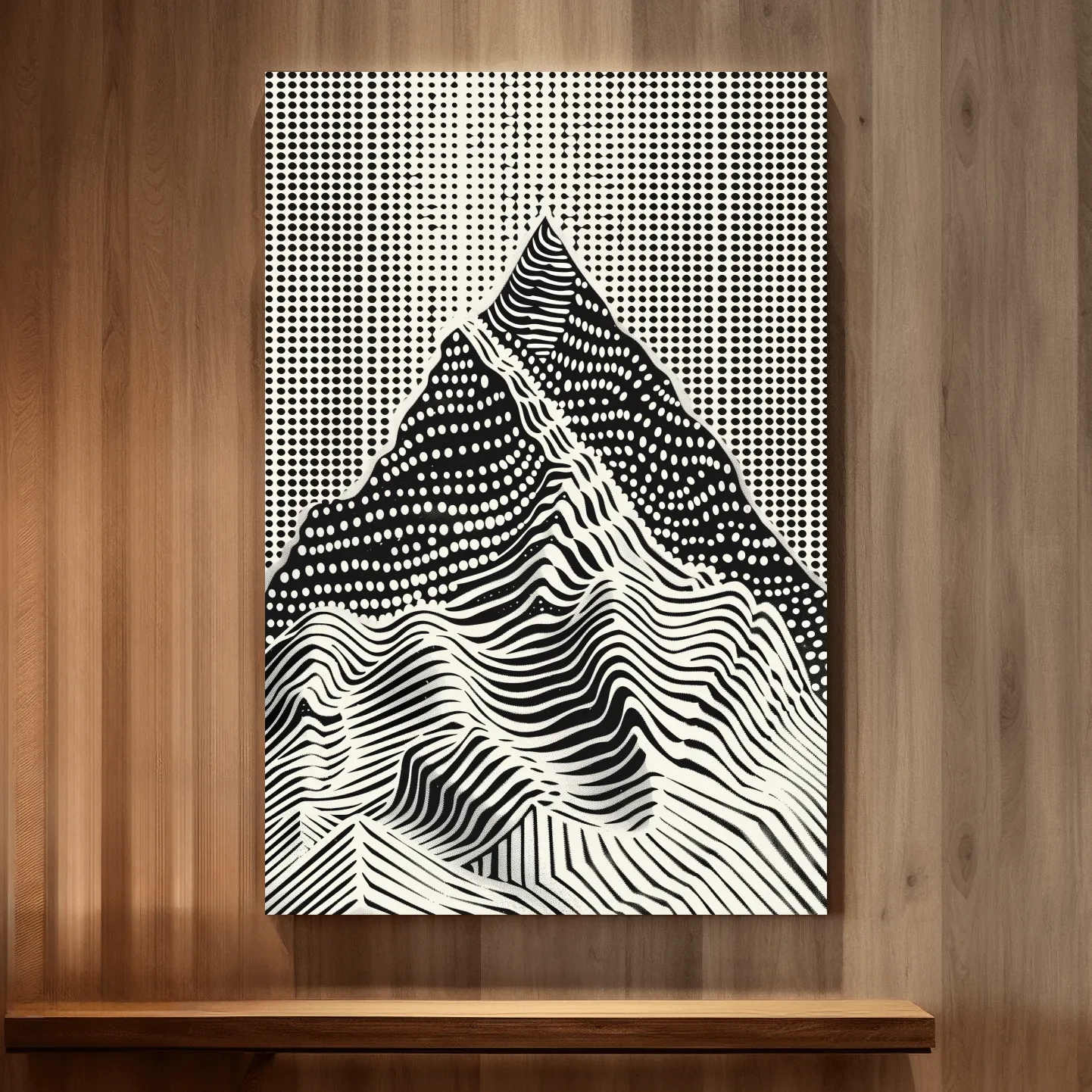 Mountain artwork, linocut style optical illusion art
