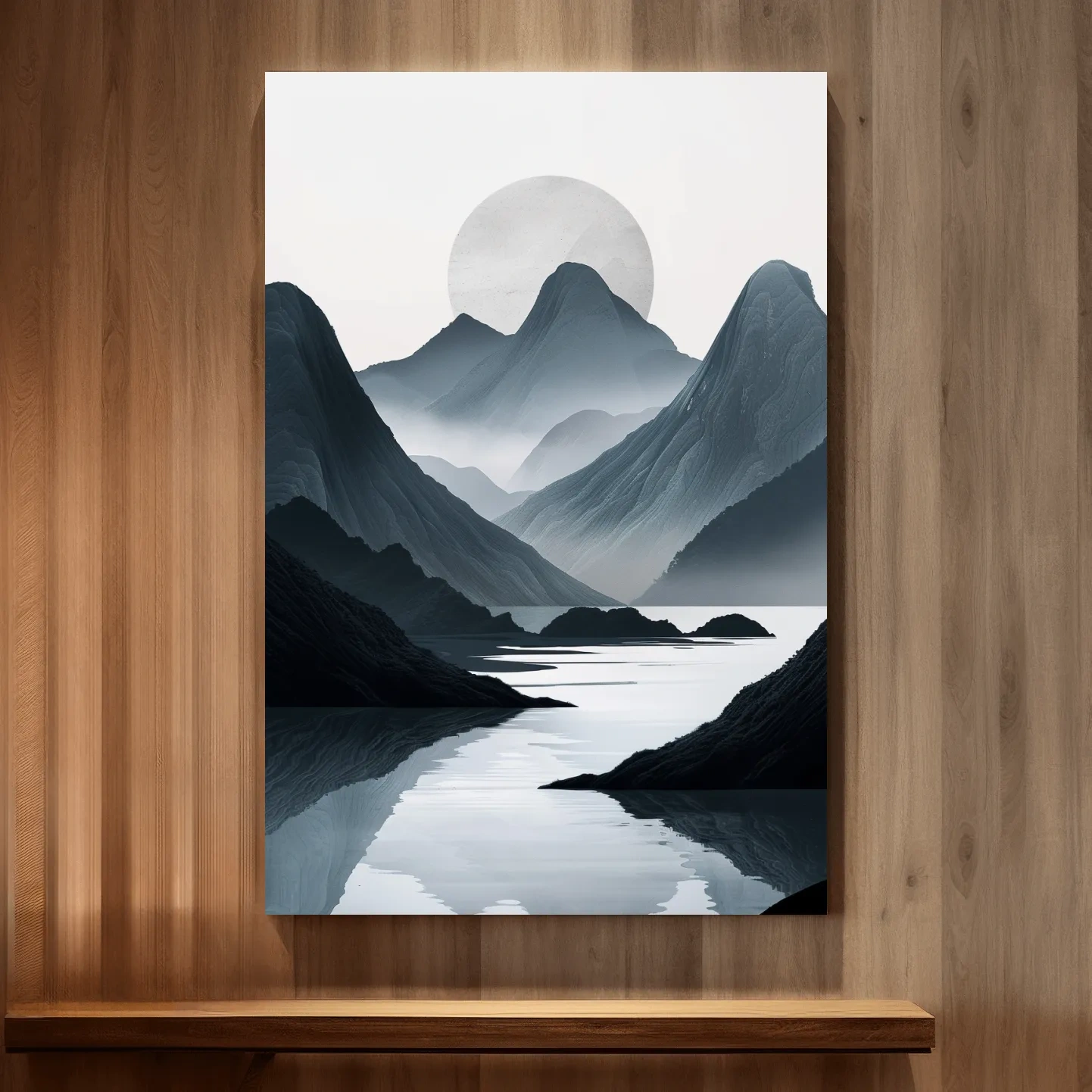 Black & white mountain artwork, view down a foggy valley and lake