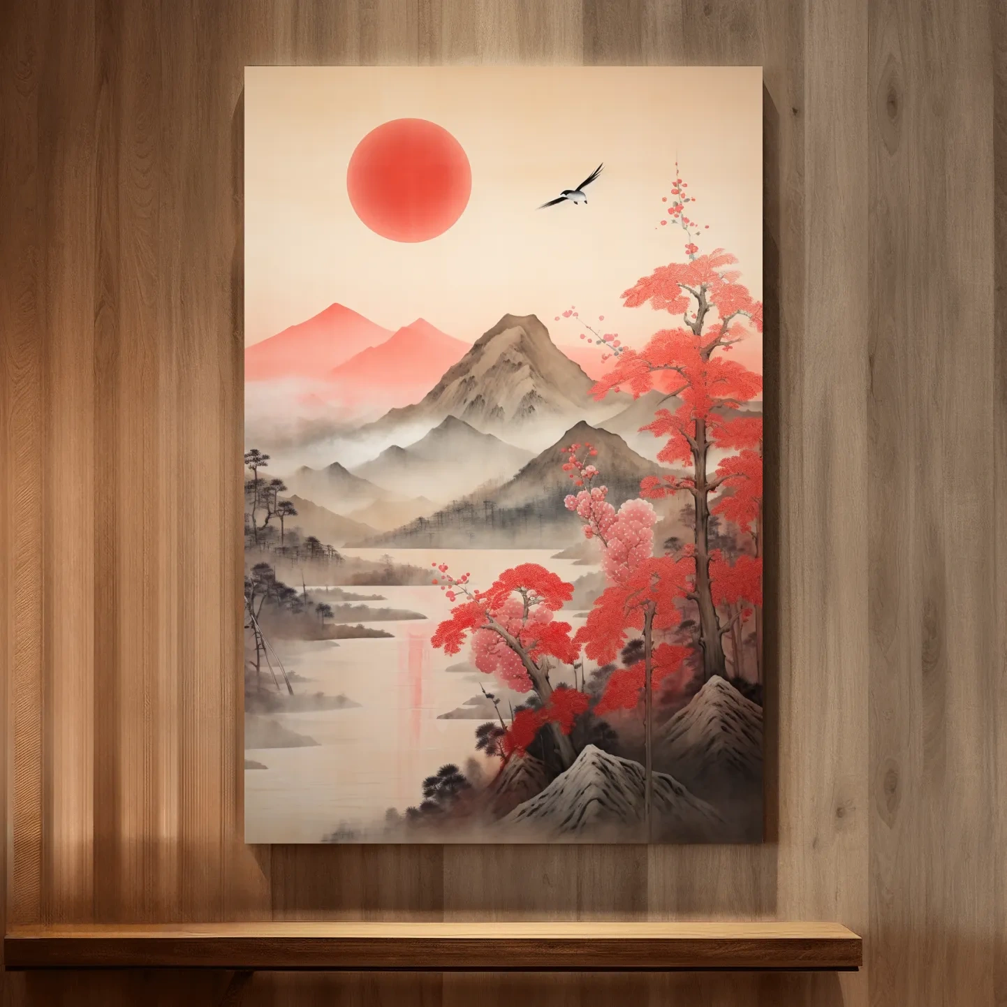 Oriental cherry blossom artwork, mountains in the mist watercolor wall art painting