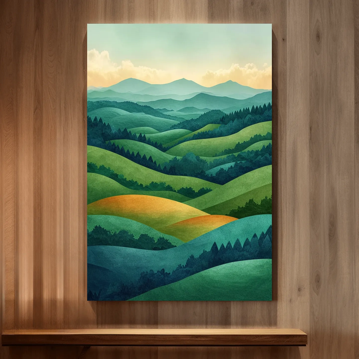 Layered Emerald Rolling Hills Landscape - Serene Scandinavian Nature Wall Art