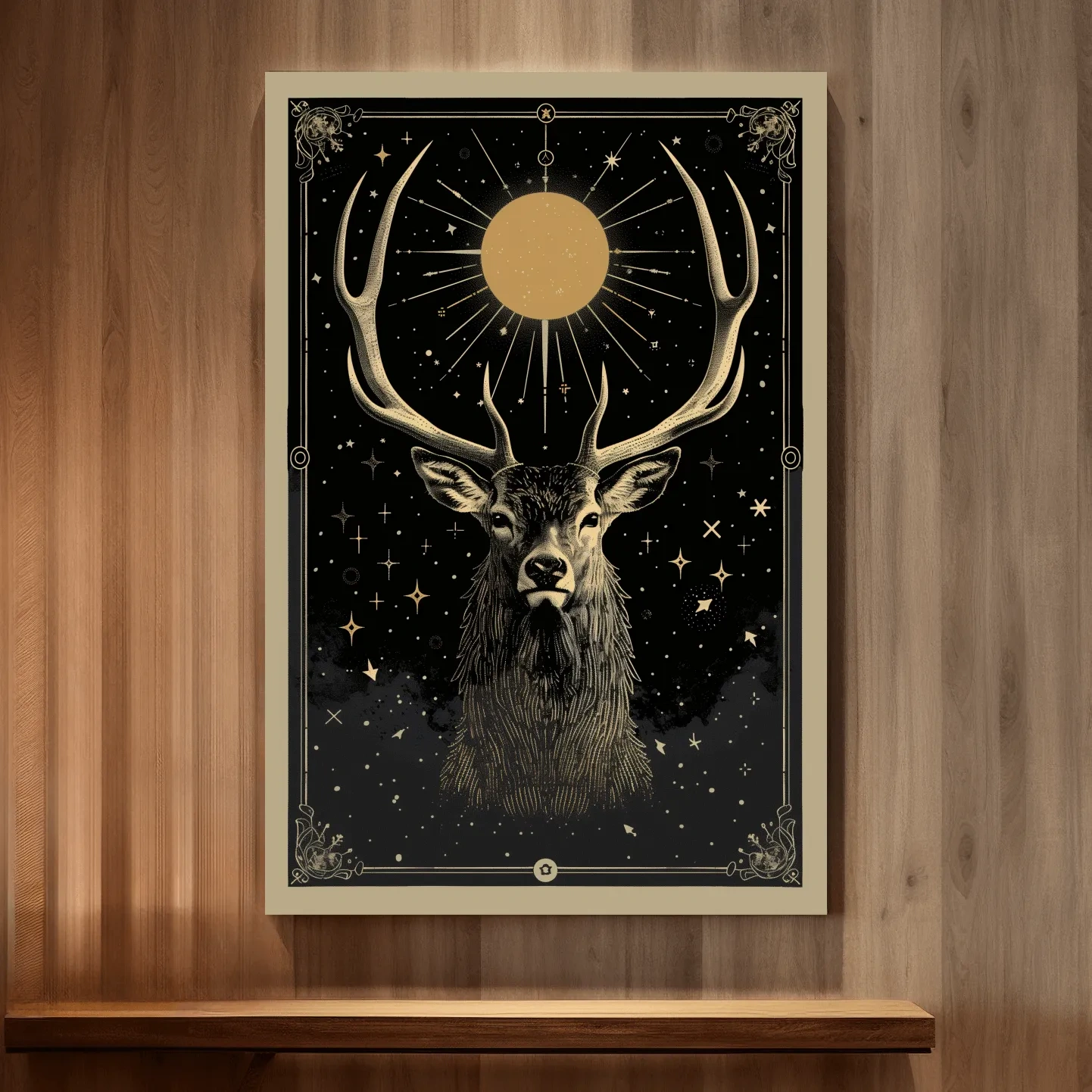 Elegant deer head under the night sky, tarot card style art