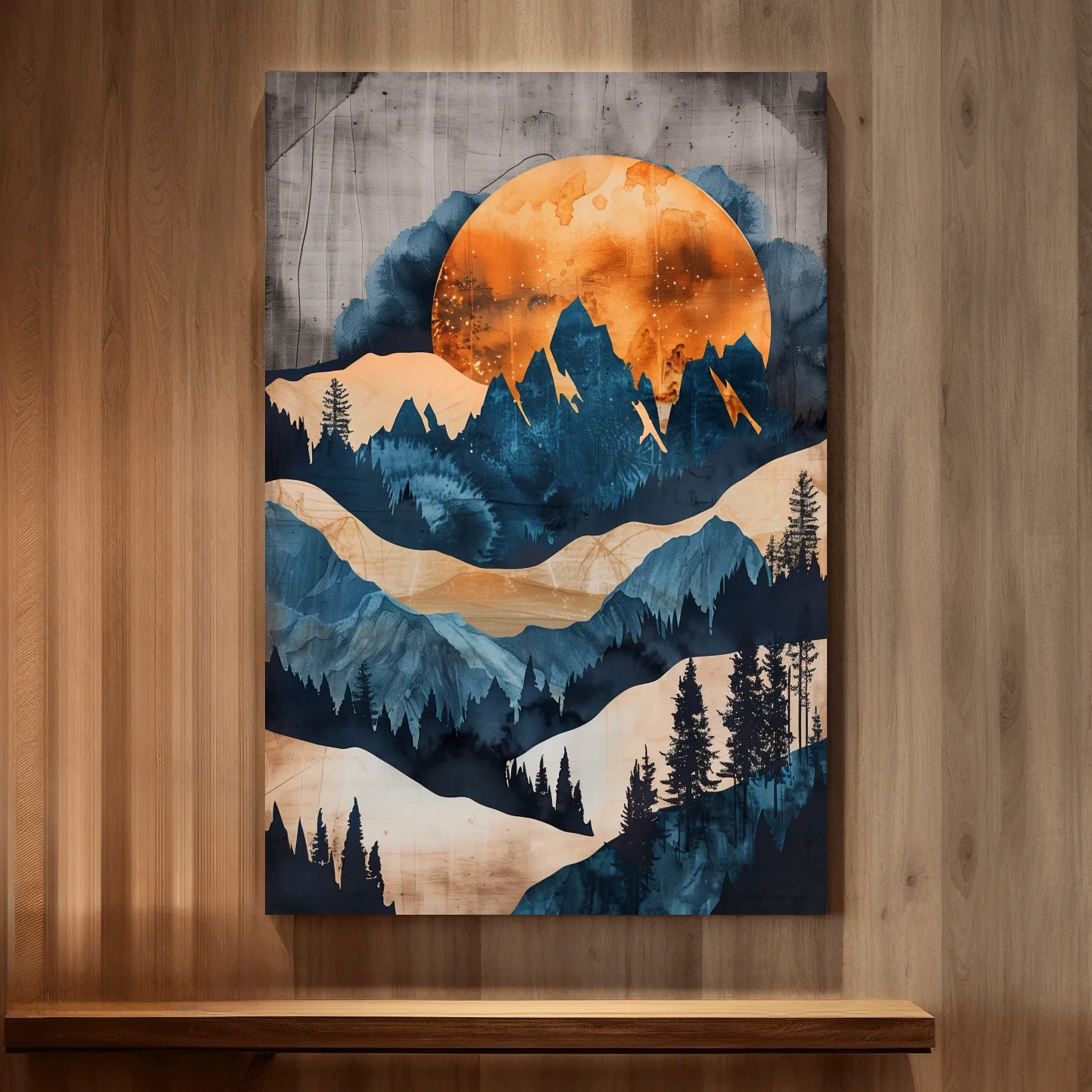 Abstract mountain and forest artwork at sunset, mixed media watercolor style art