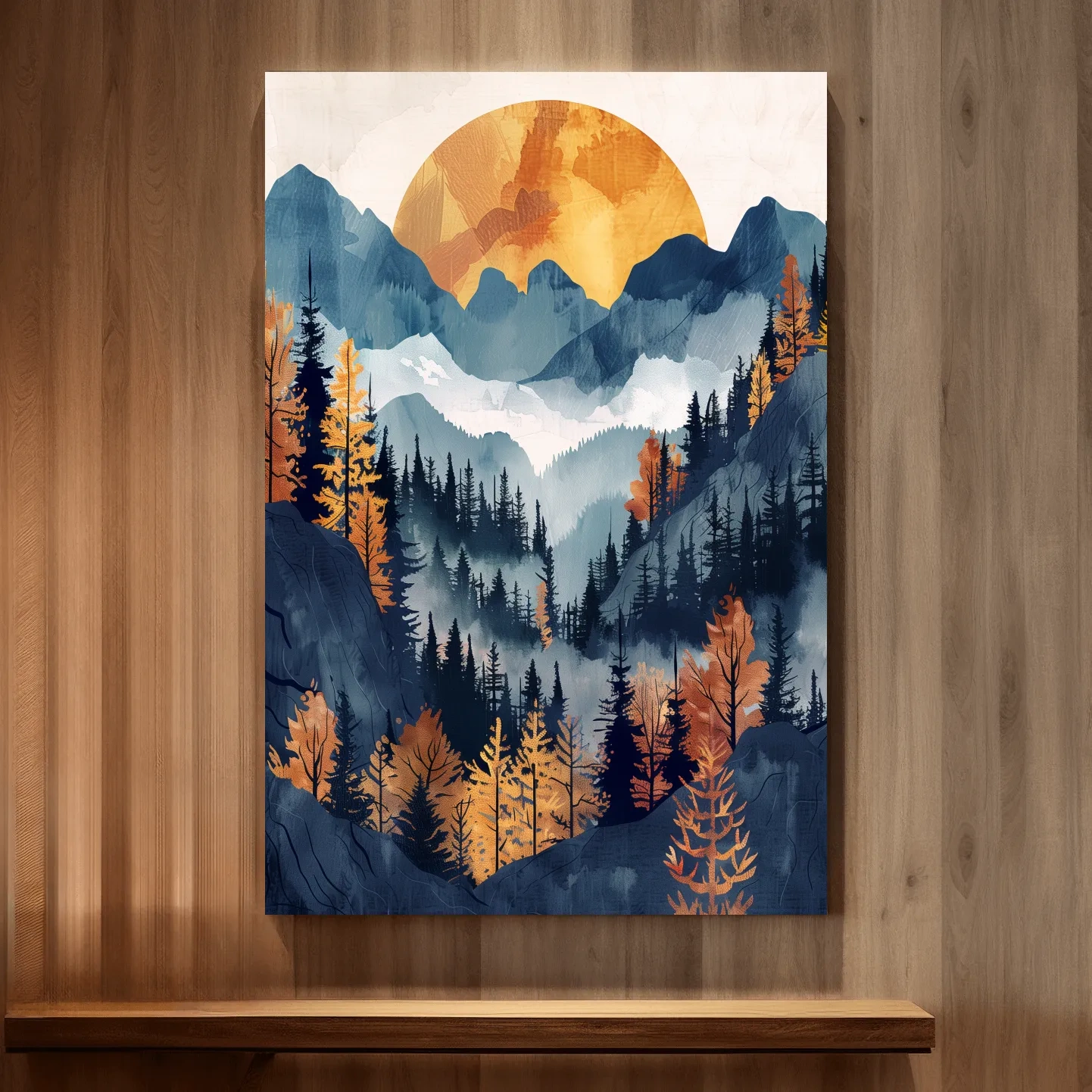 Foggy Autumn Alpine Forest Sunset - Modern Watercolor Mountain Wall Art