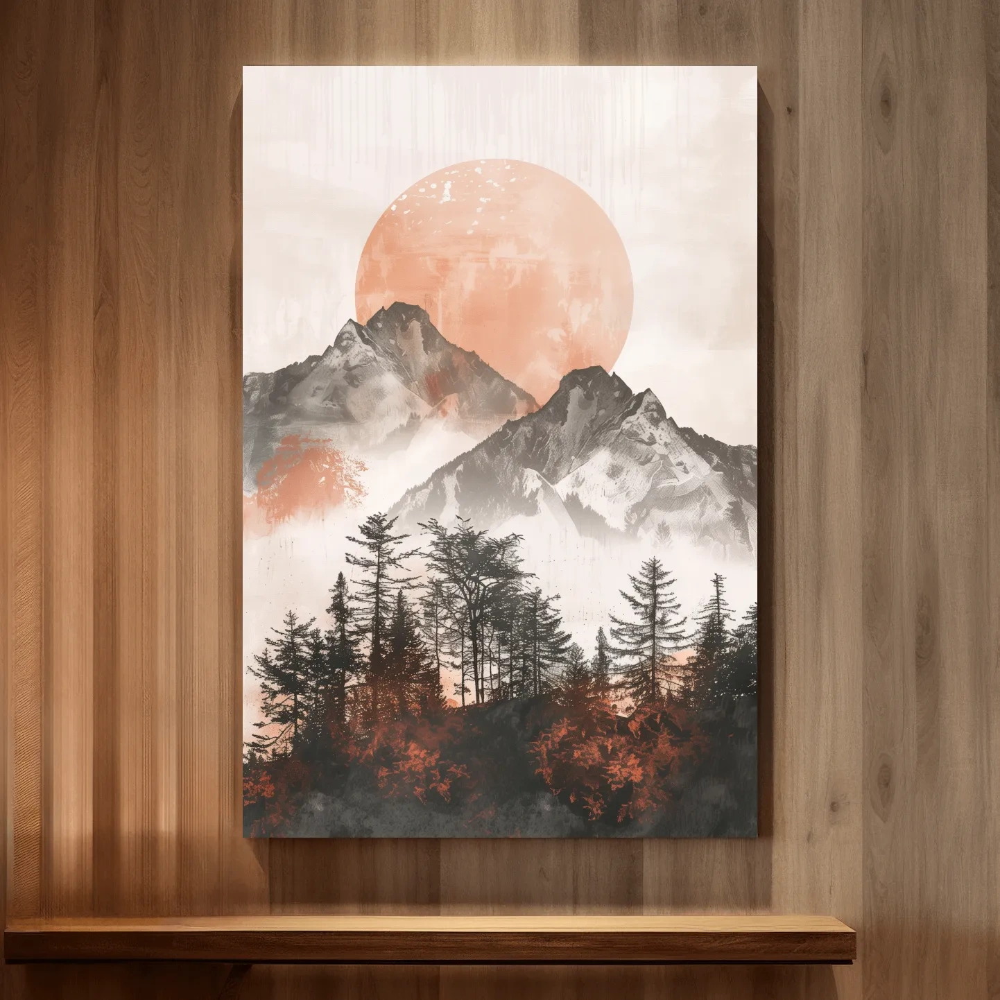 Japandi Mountain Sunrise With Pine Forest - Minimalist Watercolor Landscape Art