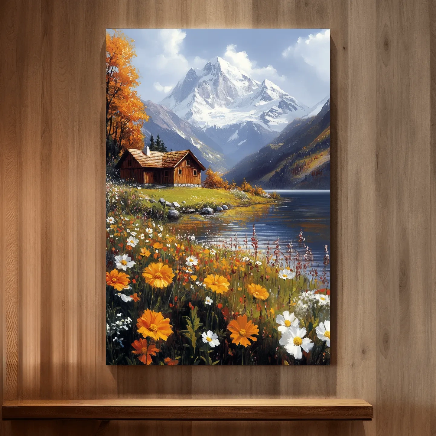 Impressionist painting of a lakeside cabin in the alpine meadows beneath a glacier