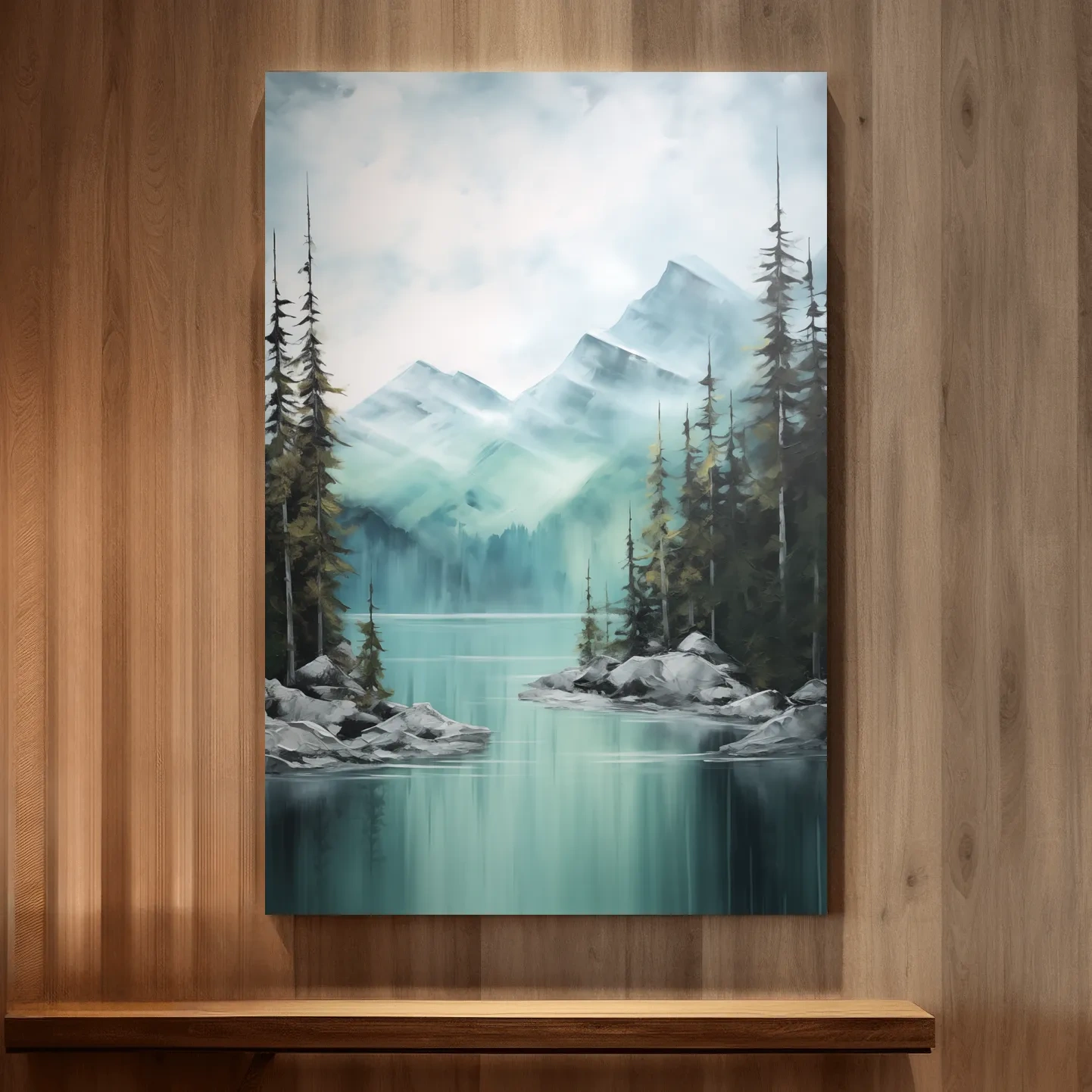 Painting of a turquoise lake in the alpine