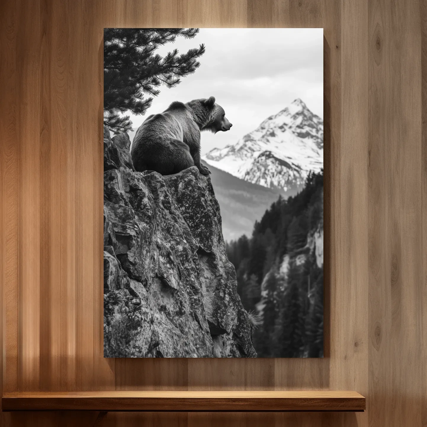 Grizzly bear taking in a mountain view, photographic wildlife wall art