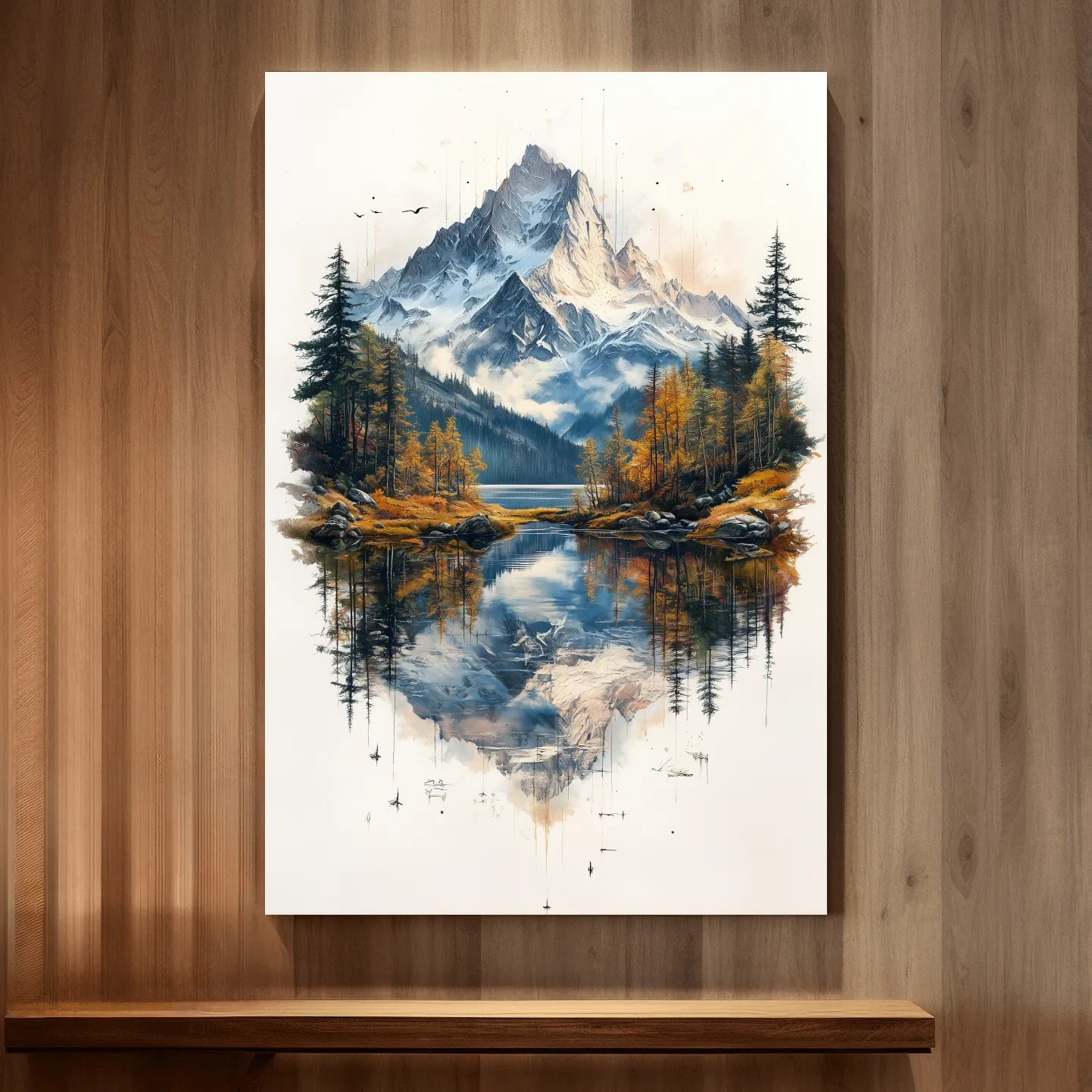 Alpine lake painting, tattoo inspired mountain glacier wall art