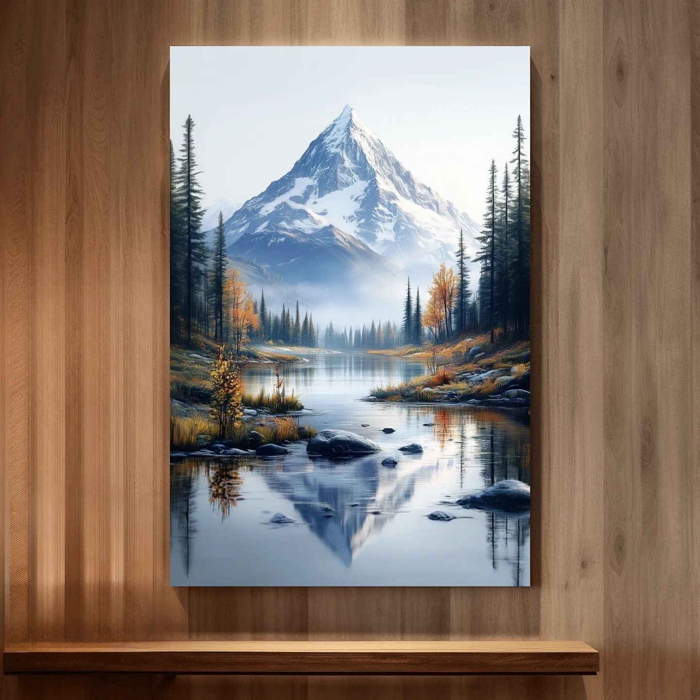 Lake beneath a glacier in the alpine meadows in fall, mountain wall art