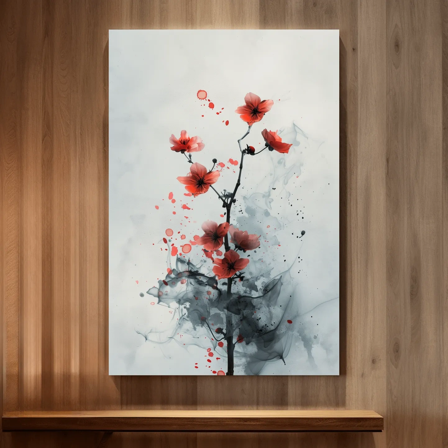 Red Cherry Blossom Ink Wash Painting - Minimalist Floral Wall Art