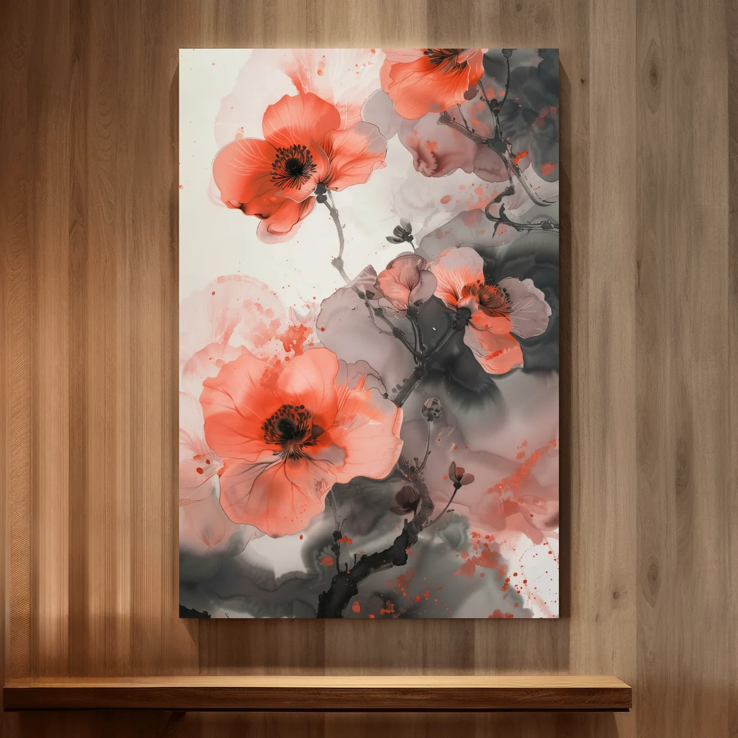 Poppy Blossom Ink Wash Painting - Floral Botanical Watercolor Artwork