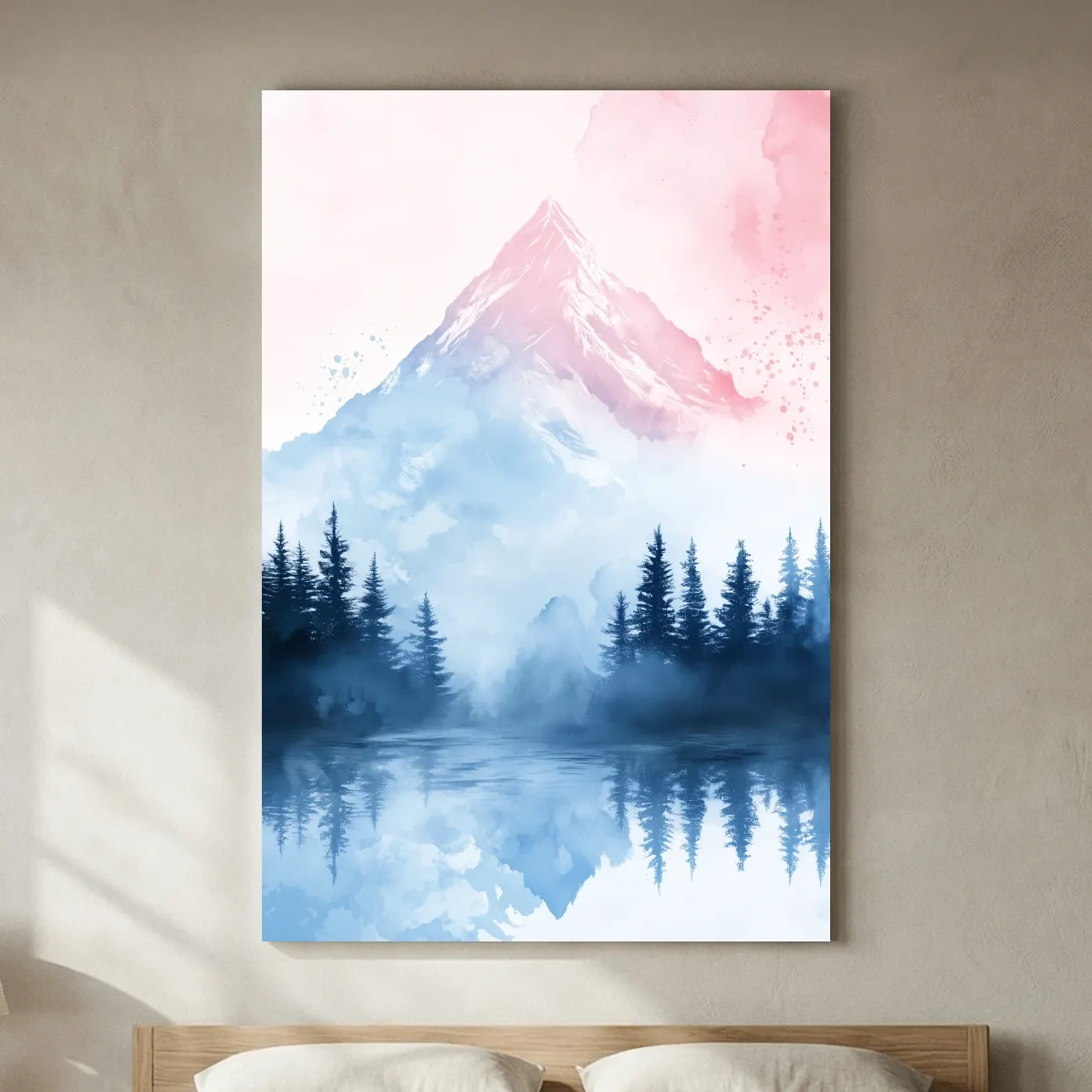 Dreamy Watercolor Alpine Lake Reflection - Pastel Forest Wall Art