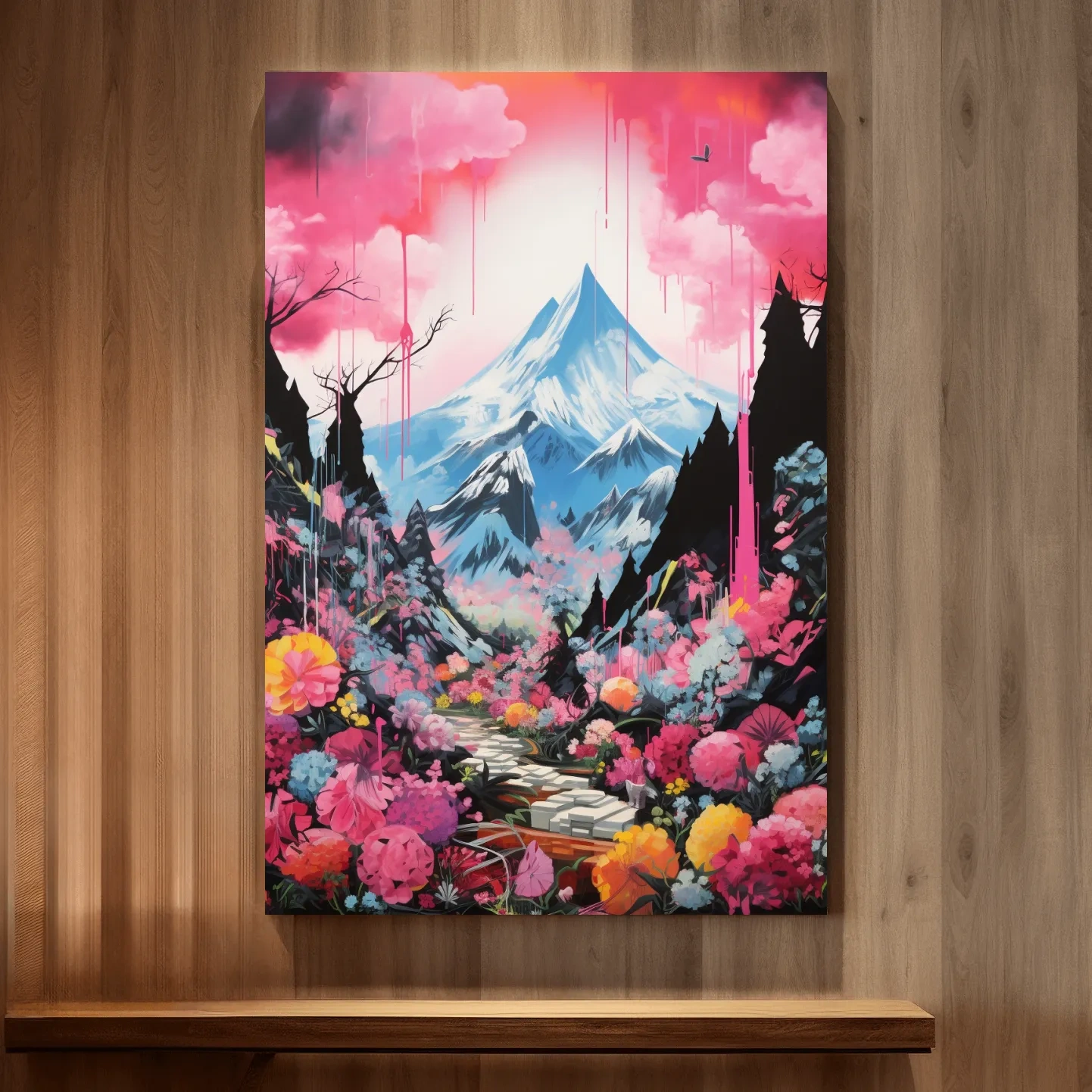 Energetic illustration of pink alpine flowers by a glacier