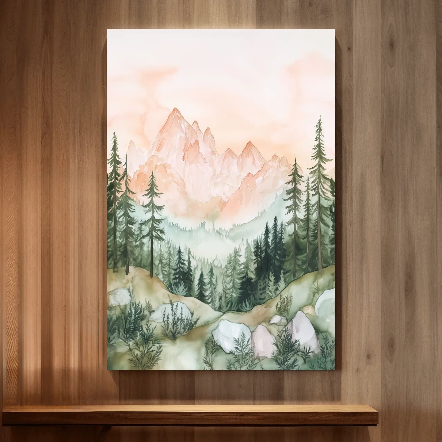 Alpine mountain forest watercolour painting wall art, pastel colors