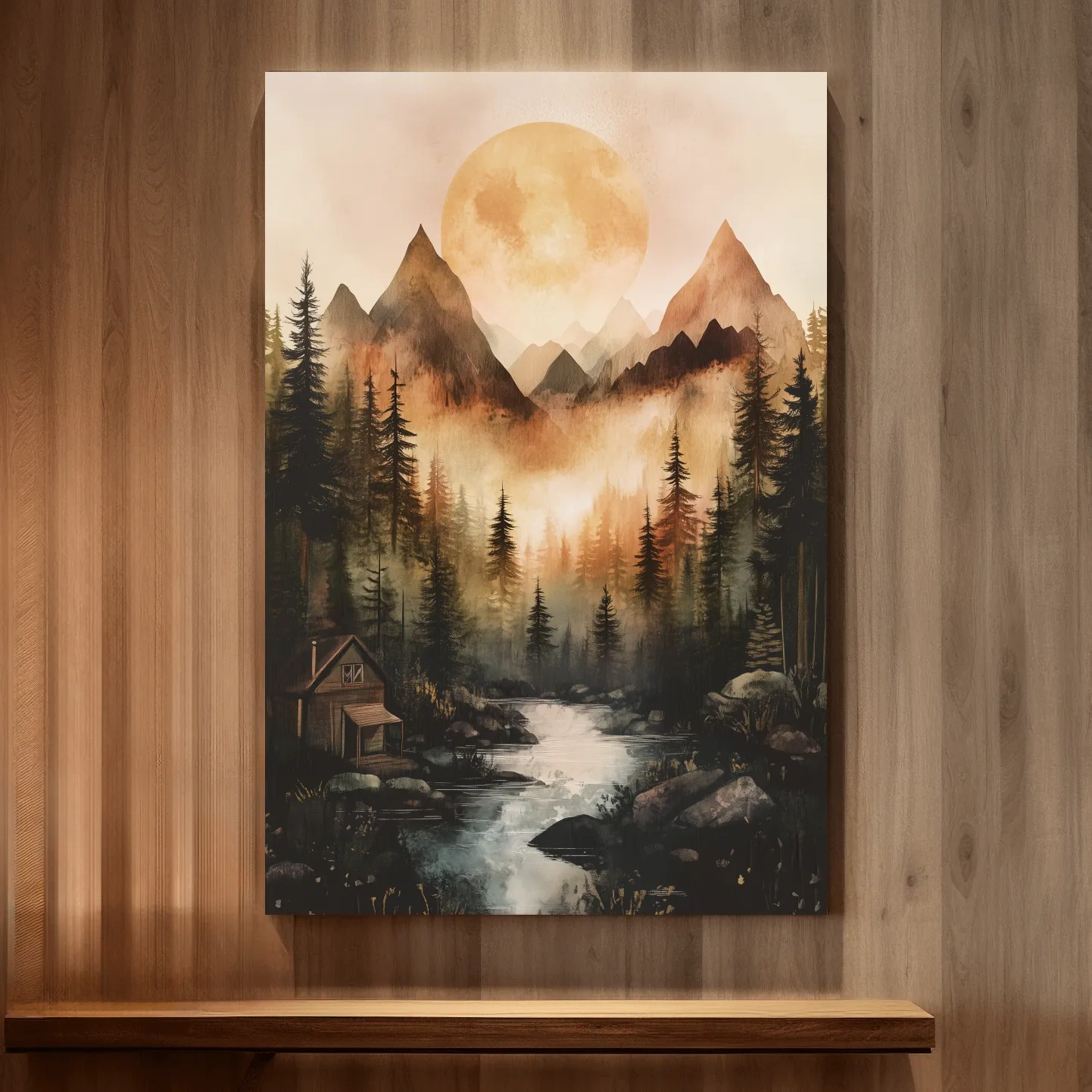 Alpine lake cabin painting, rustic watercolor effect, forest and mountains