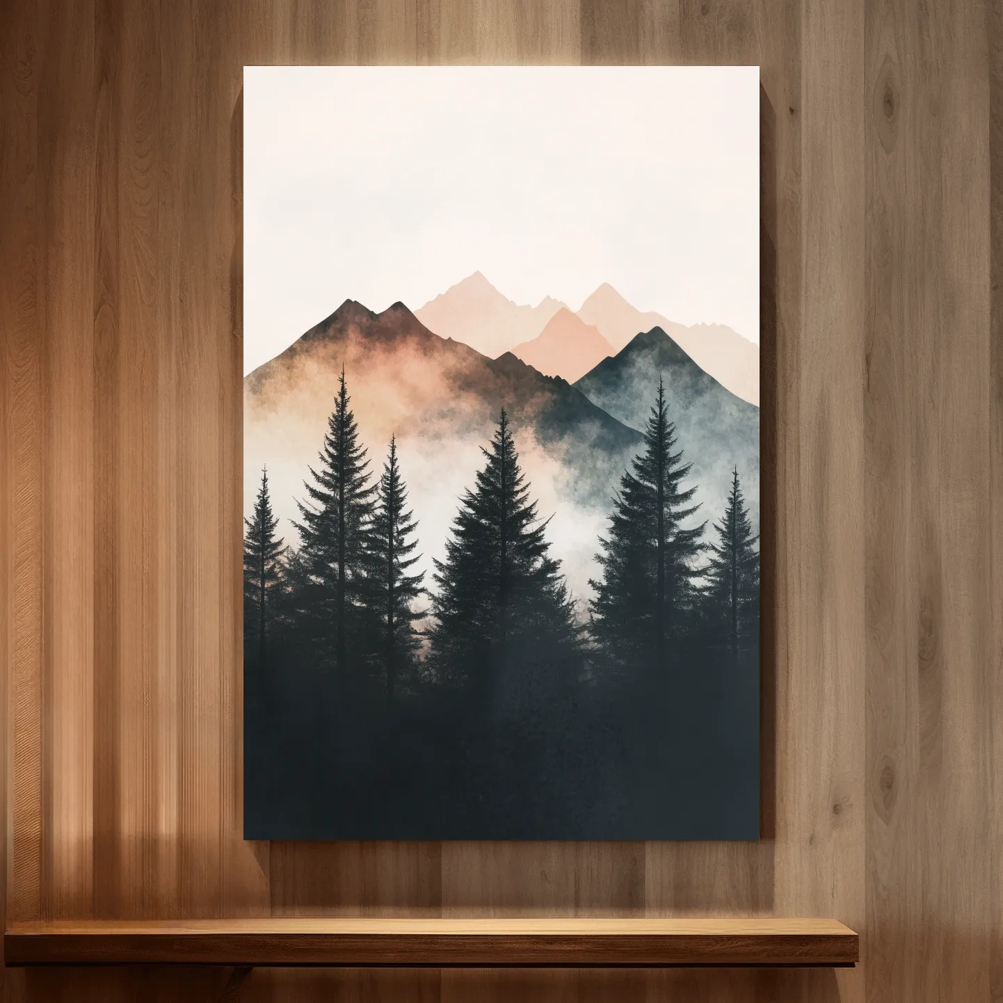 Foggy alpine forest watercolor painting, mountain art