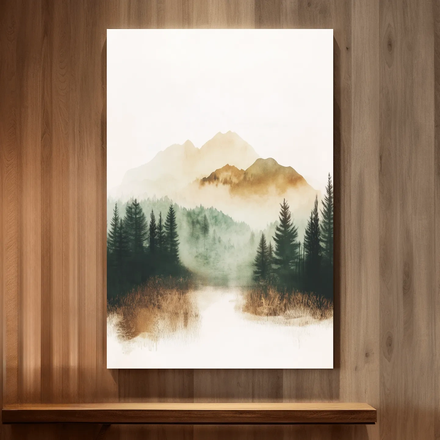 Foggy alpine forest painting, minimal watercolor wall art