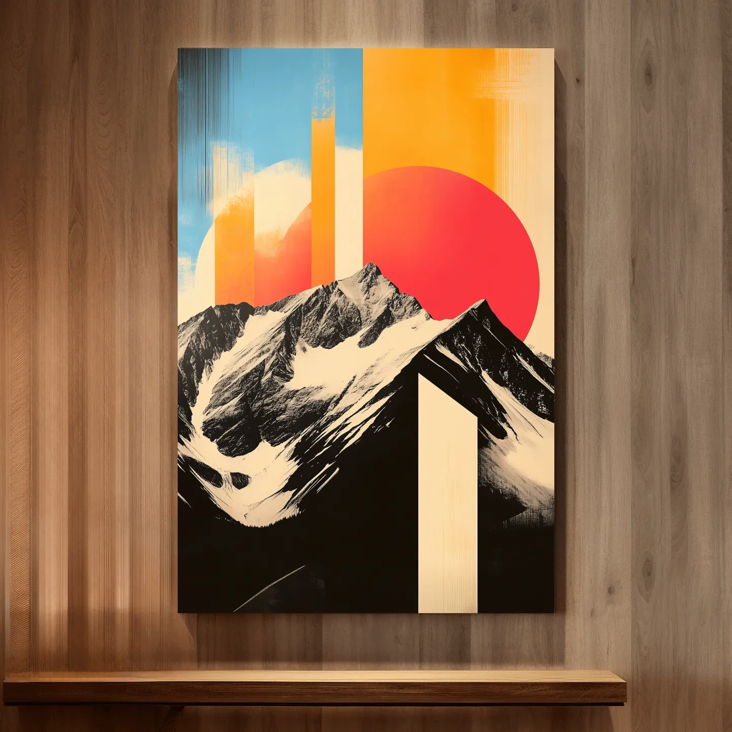 Modern abstract alpine mountain art, bold retro style geometric shapes