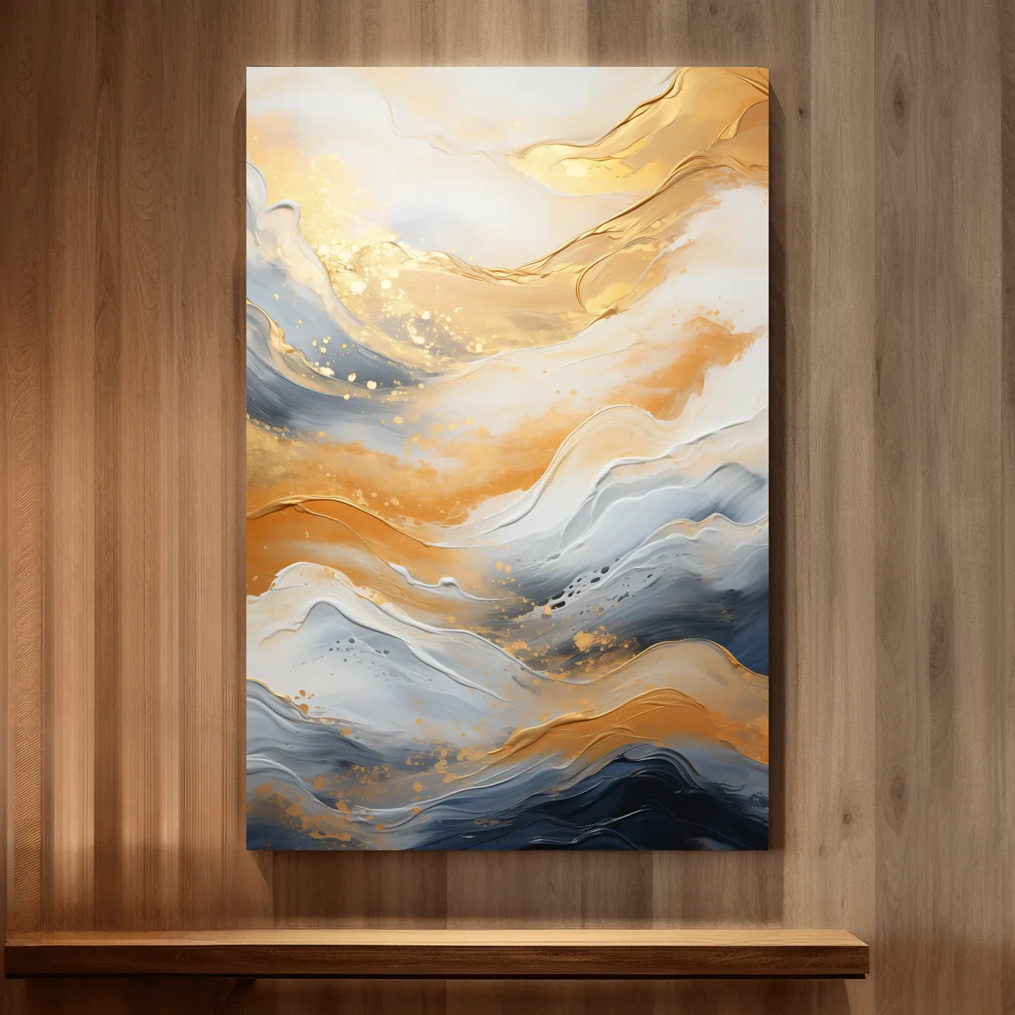 Golden abstract mountain wall artwork, swirling style painting