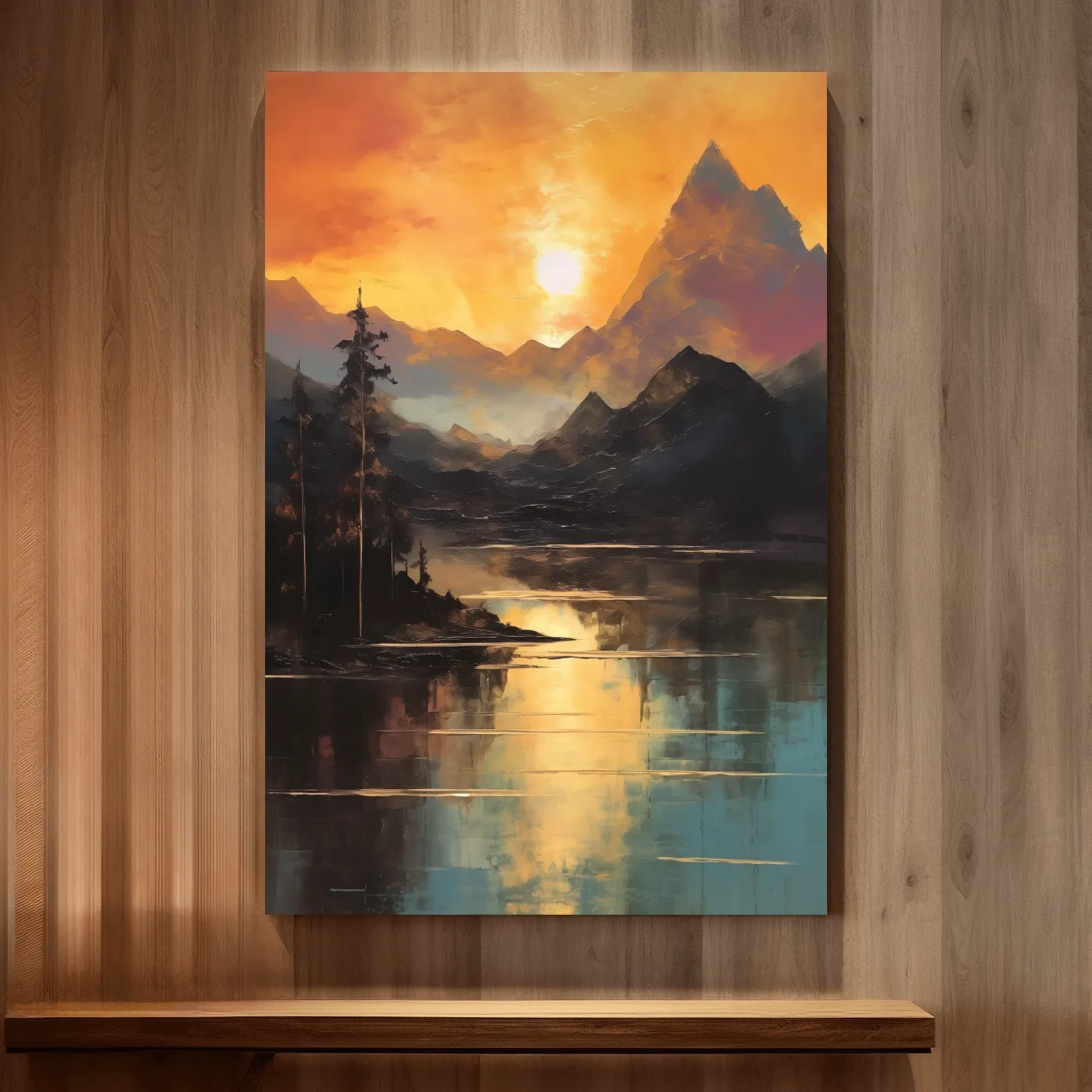 Golden Sunset Alpine Lake Reflection - Mountain Oil Painting Wall Art