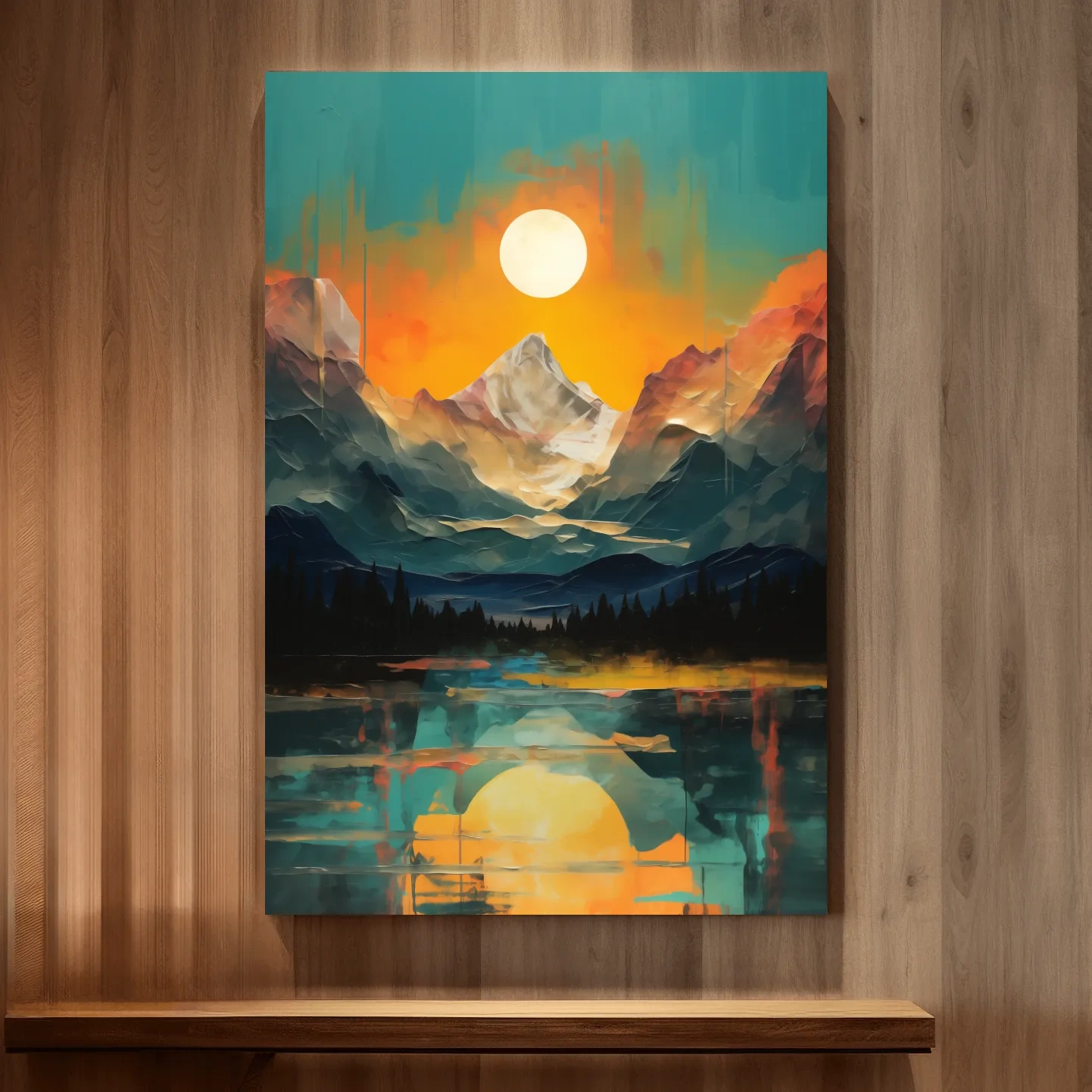 Oil painting artwork print of a mountain scene at sunset