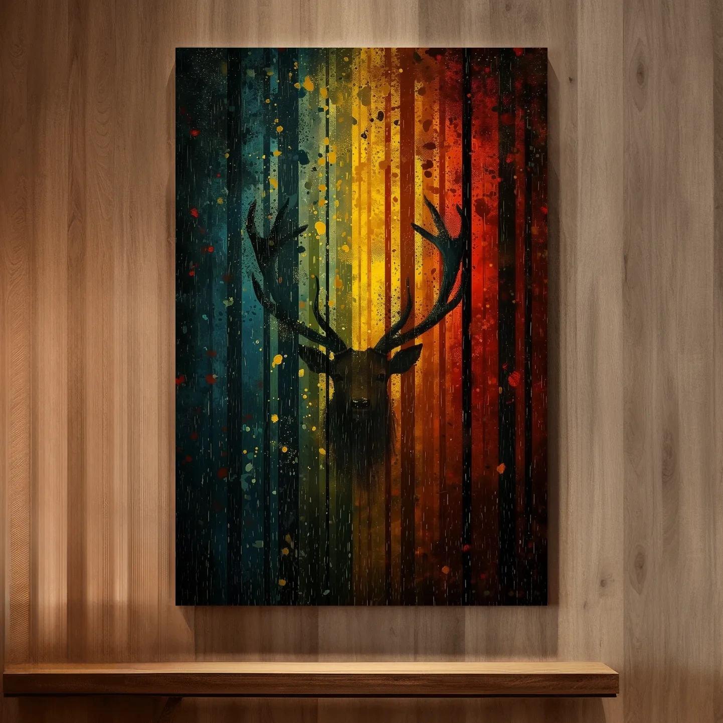 Abstract deer in a forest silhouette artwork, rainbow colours