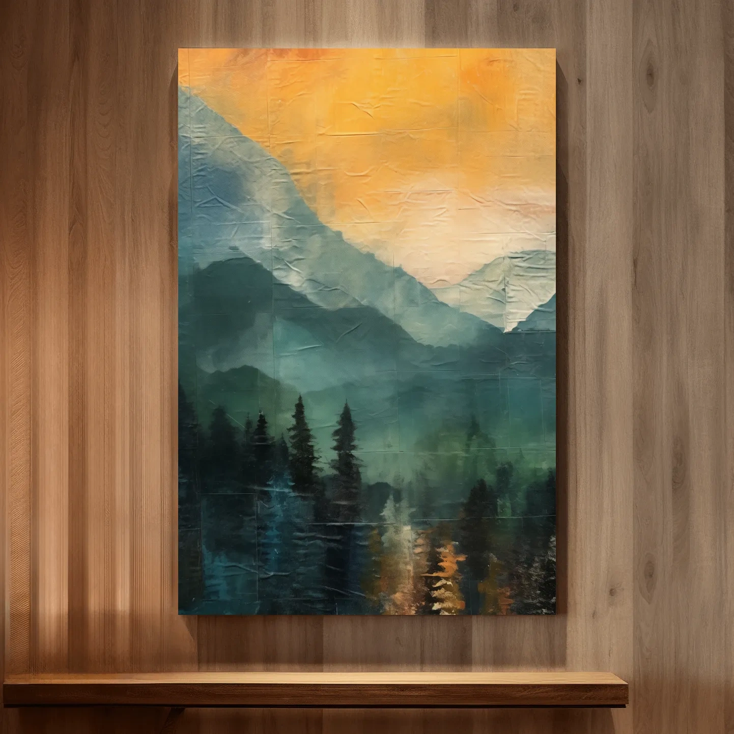 Rustic textured style art, mountains at sunset