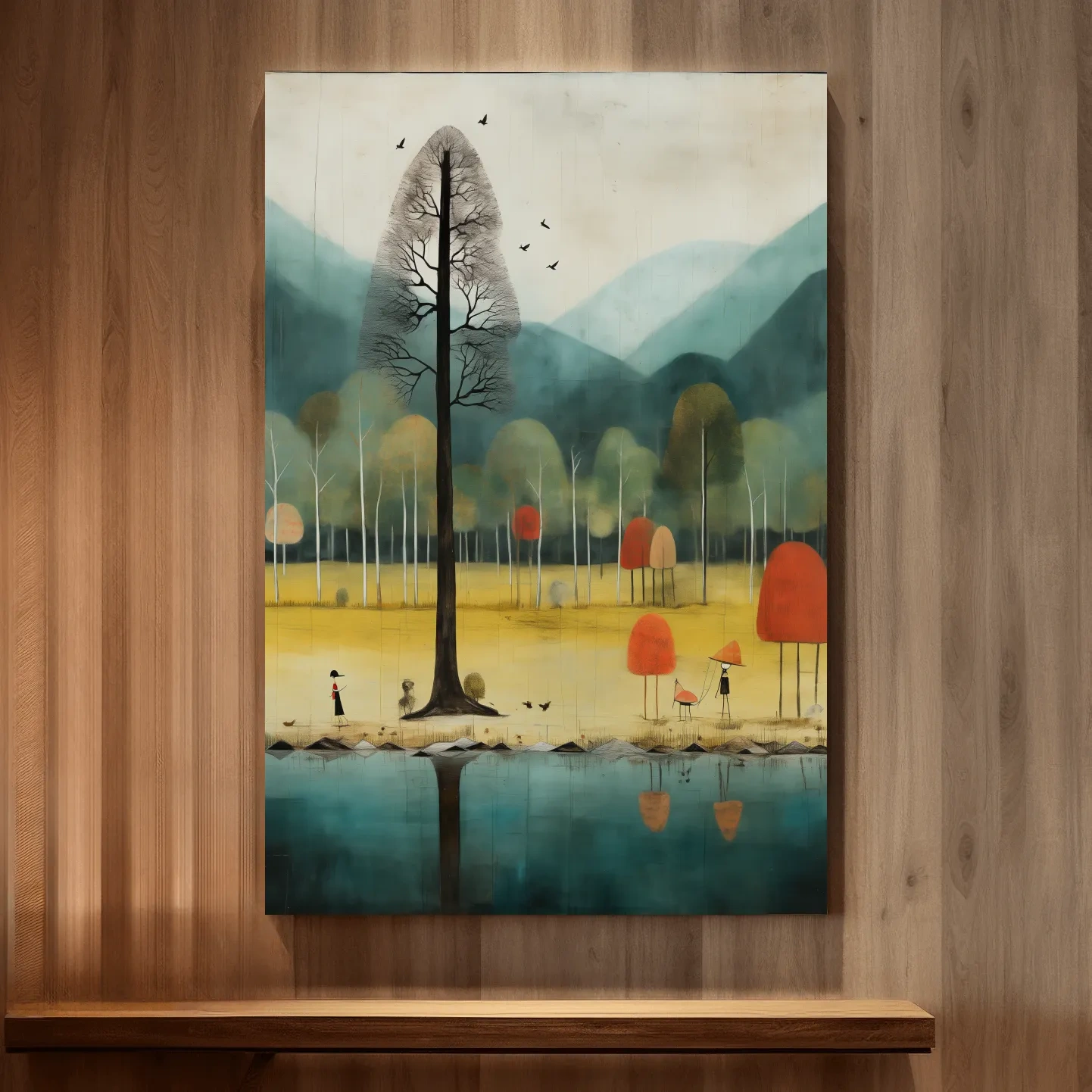 Quirky characters by a lake in fall, textured painting effect, whimsical autumn forest wall art print