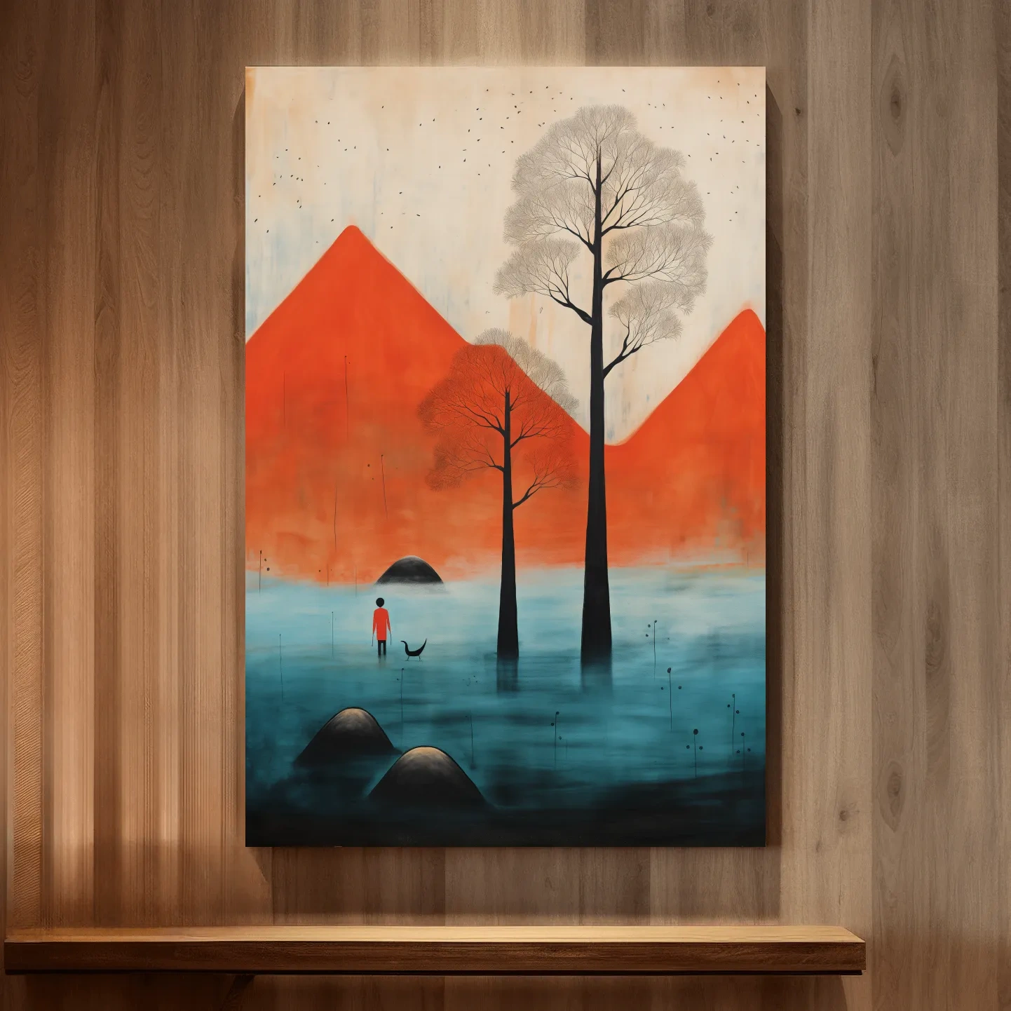 Surreal mountain artwork,rustic textured painting effect, dreamlike landscape wall art