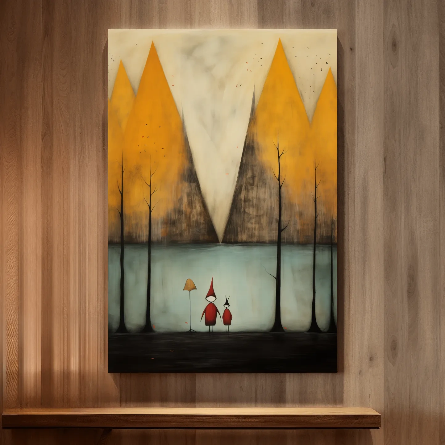 Quirky painting of people by a lakeside mountain scene in fall, whimsical forest scene artwork