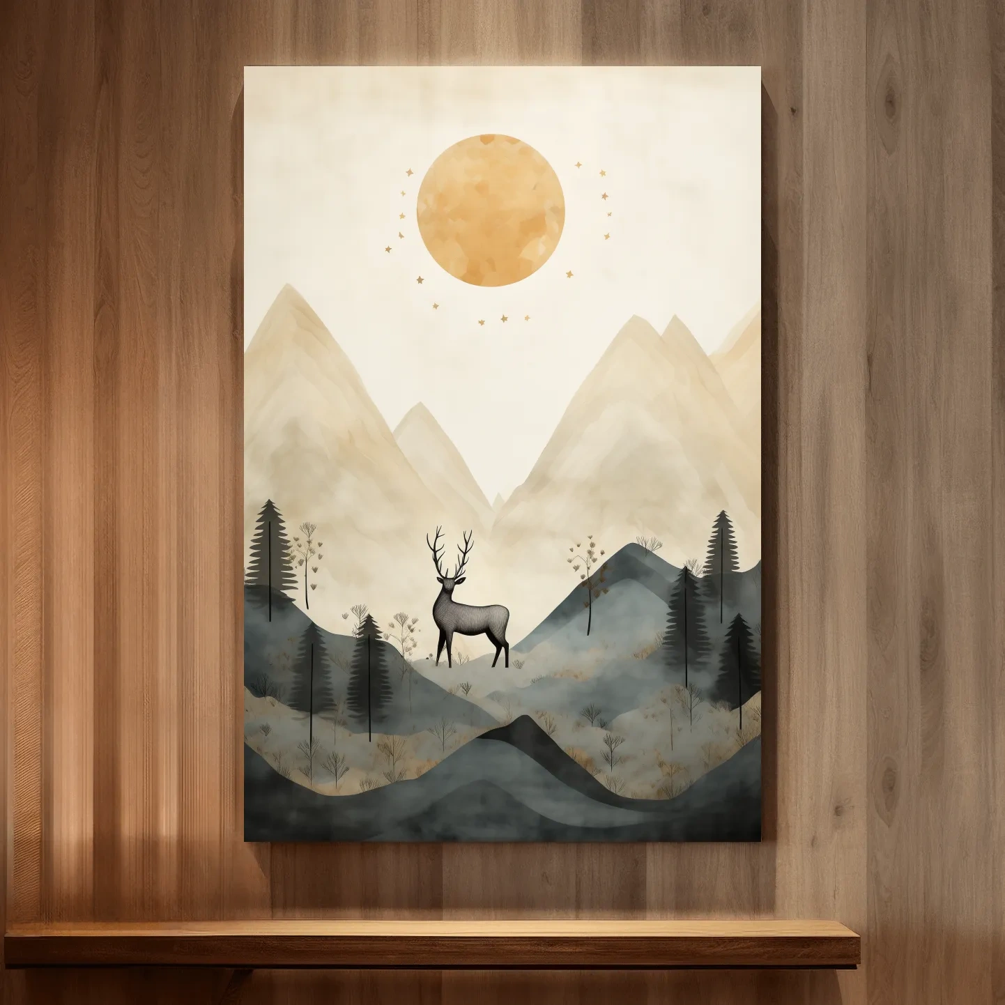 Deer standing in the forest under the night sky, quirky illustration art